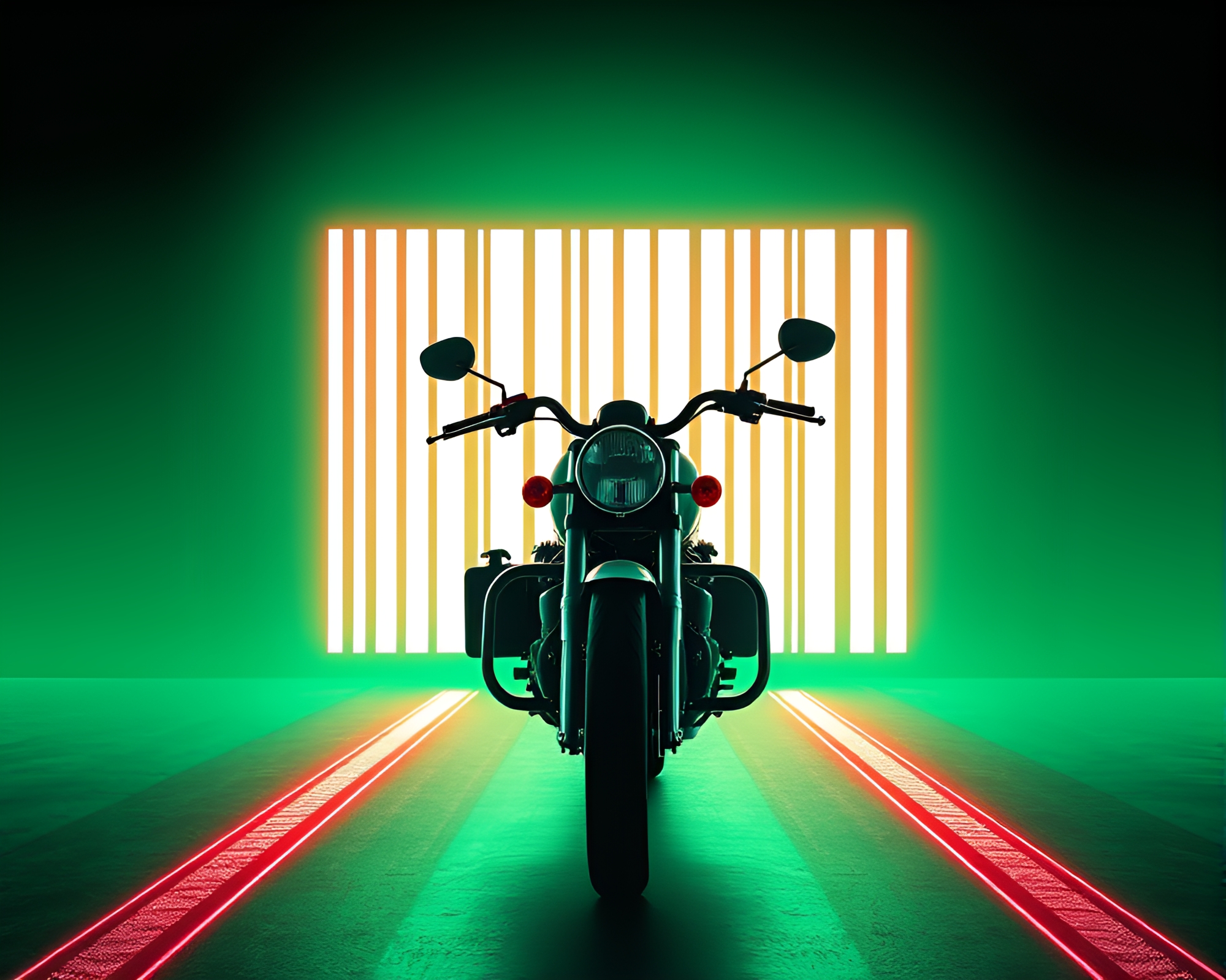 Mint Green Synthwave Motorcycle Barcode Stripe Composition – free AI stock image