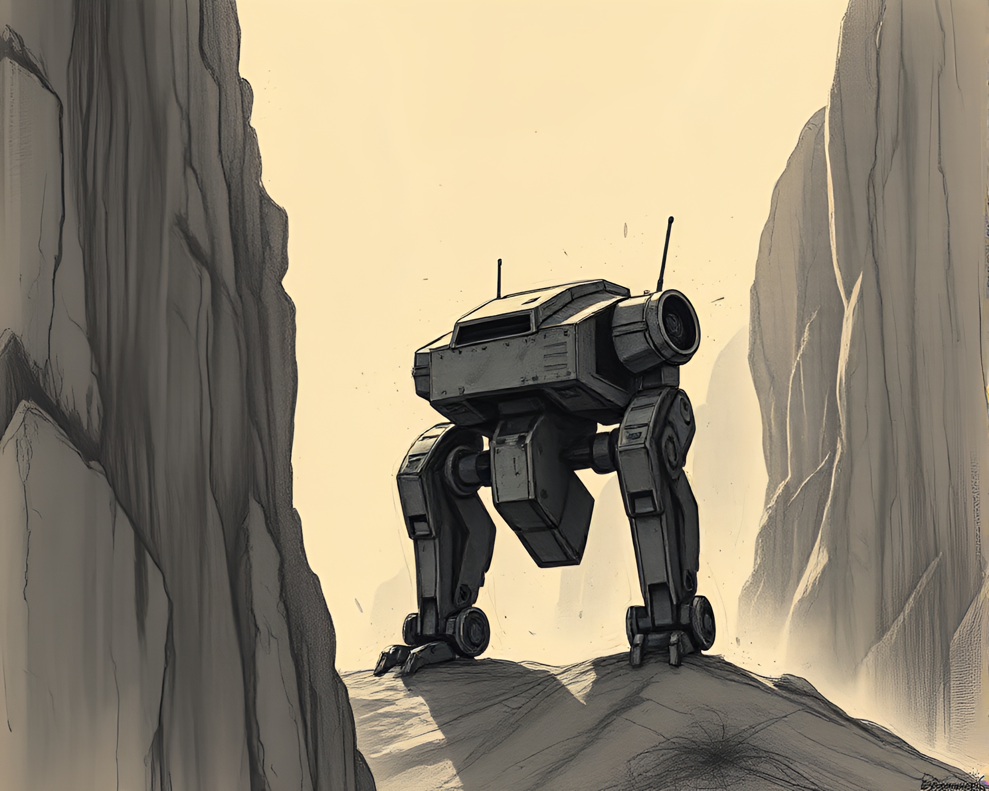Zoom Burst Battle Mech on Cliffside Shadow – free AI stock image