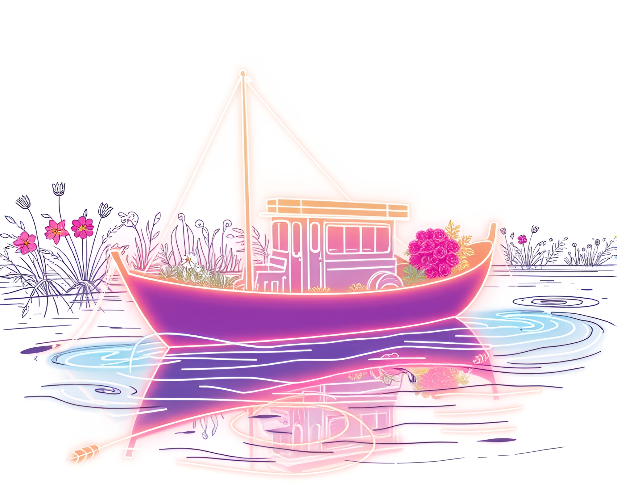 Futuristic Hydrofoil Boat in Neon Wireframe Botanical Garden – free AI stock image