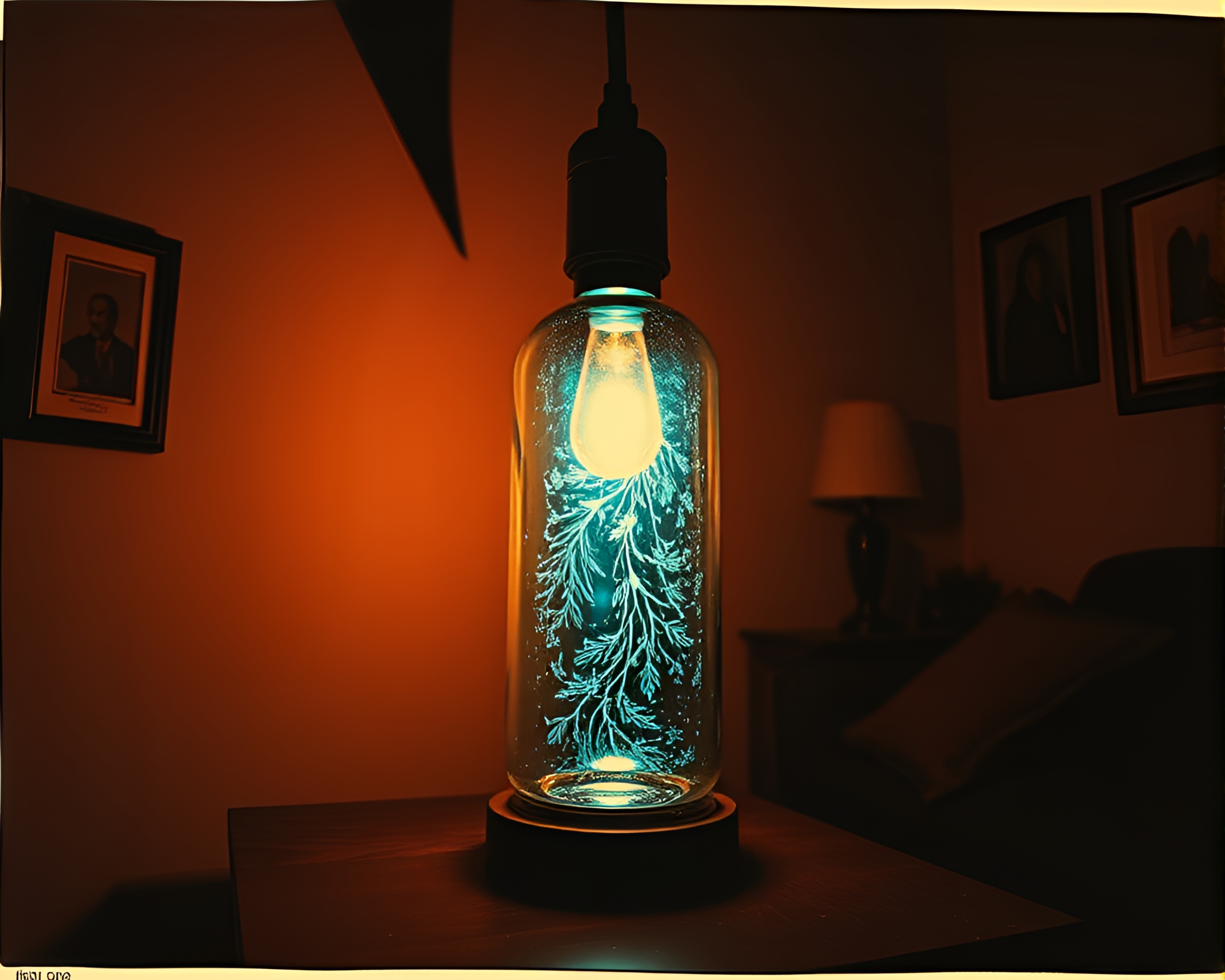 Surreal Lamp Hologram in Linocut Landscape – free AI stock image