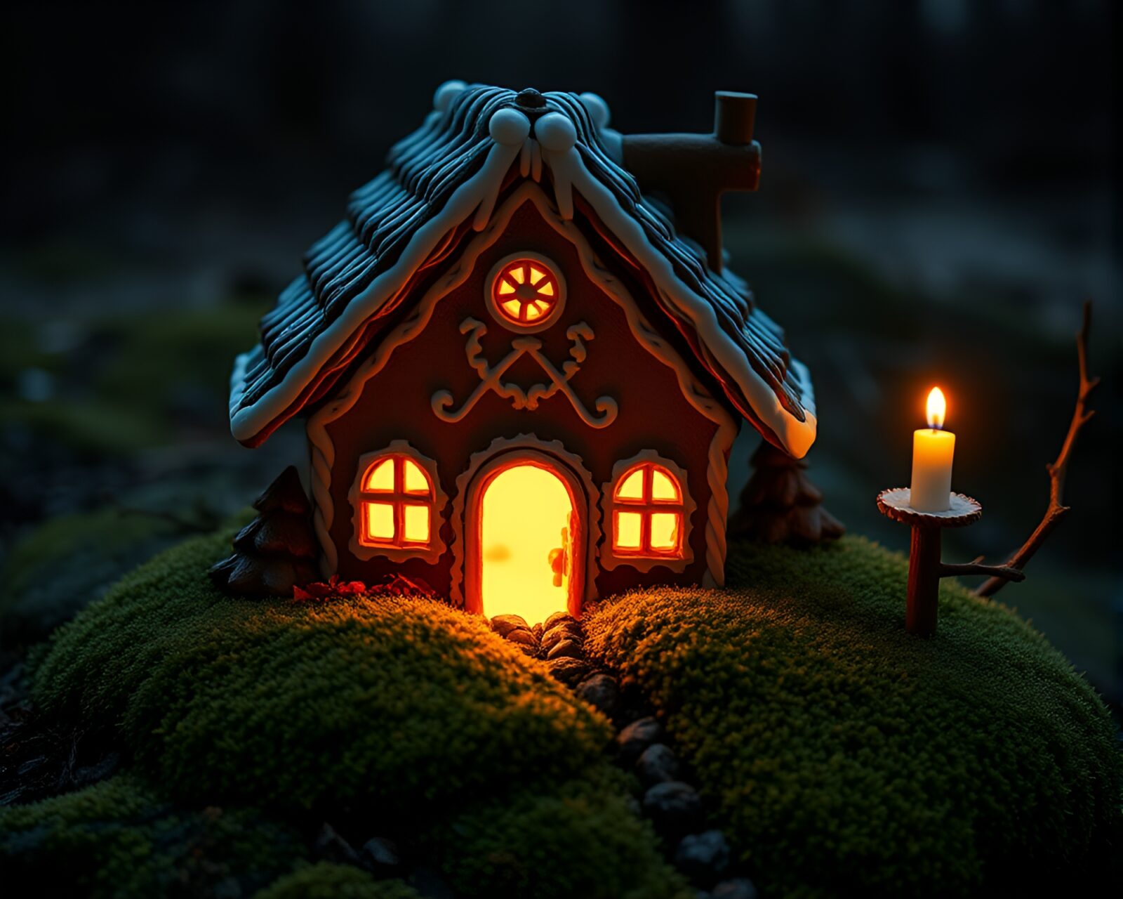 Enchanting gingerbread house in candlelit mossy surroundings during an eclipse