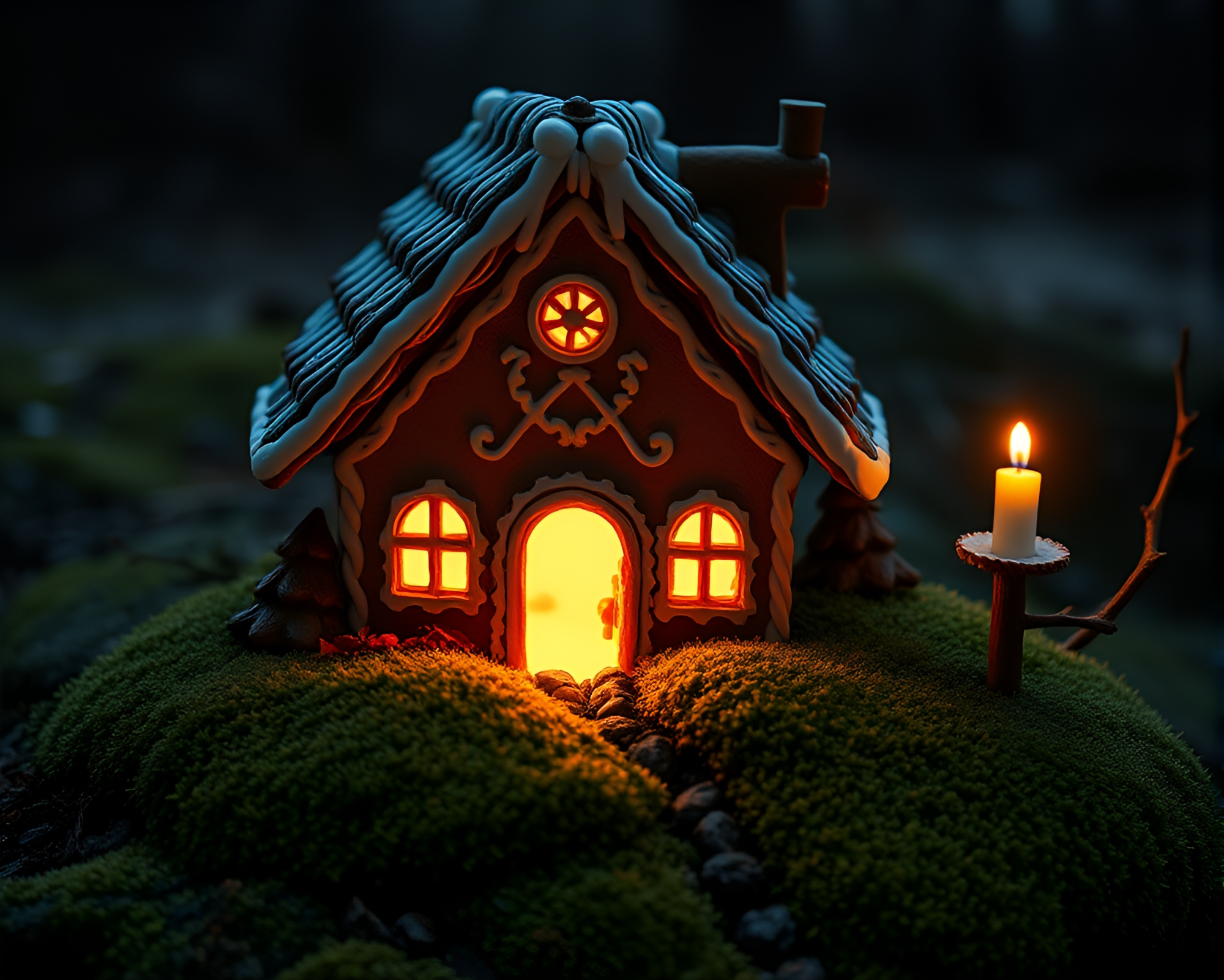 Mystical Gingerbread House Bathed in Candlelight and Shadow – free AI stock image