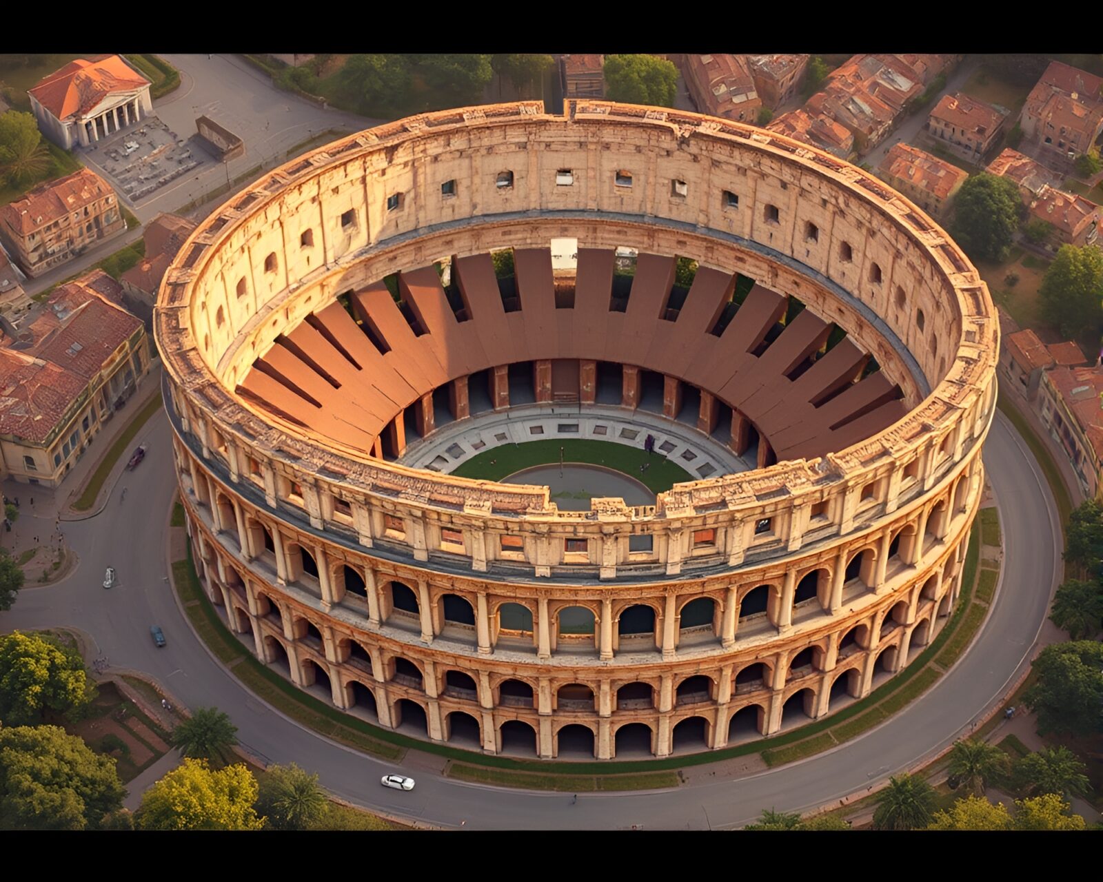 Flat color illustration of Roman coliseum in golden savannah