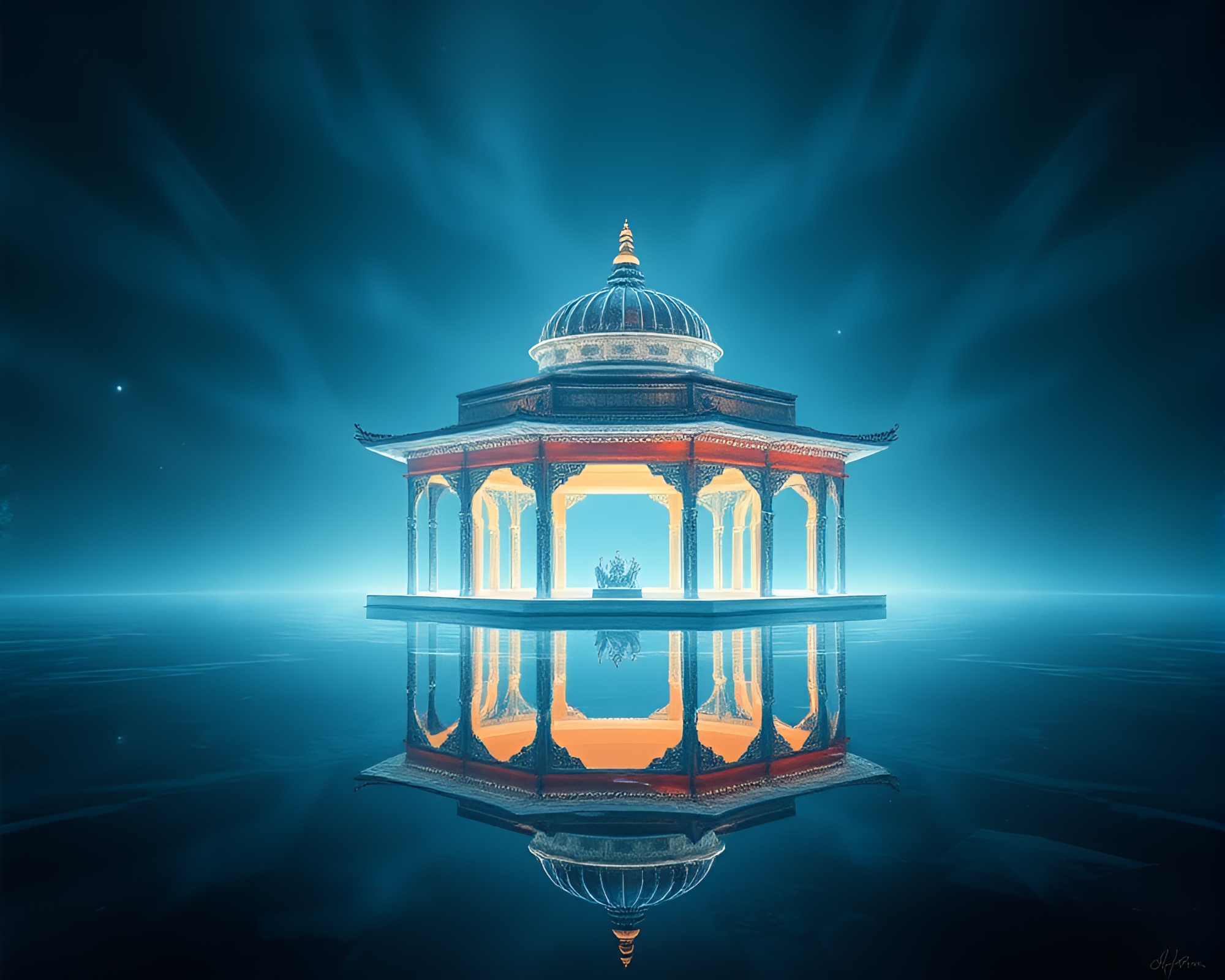 Reflections of a Floating Pavilion at Night – free AI stock image