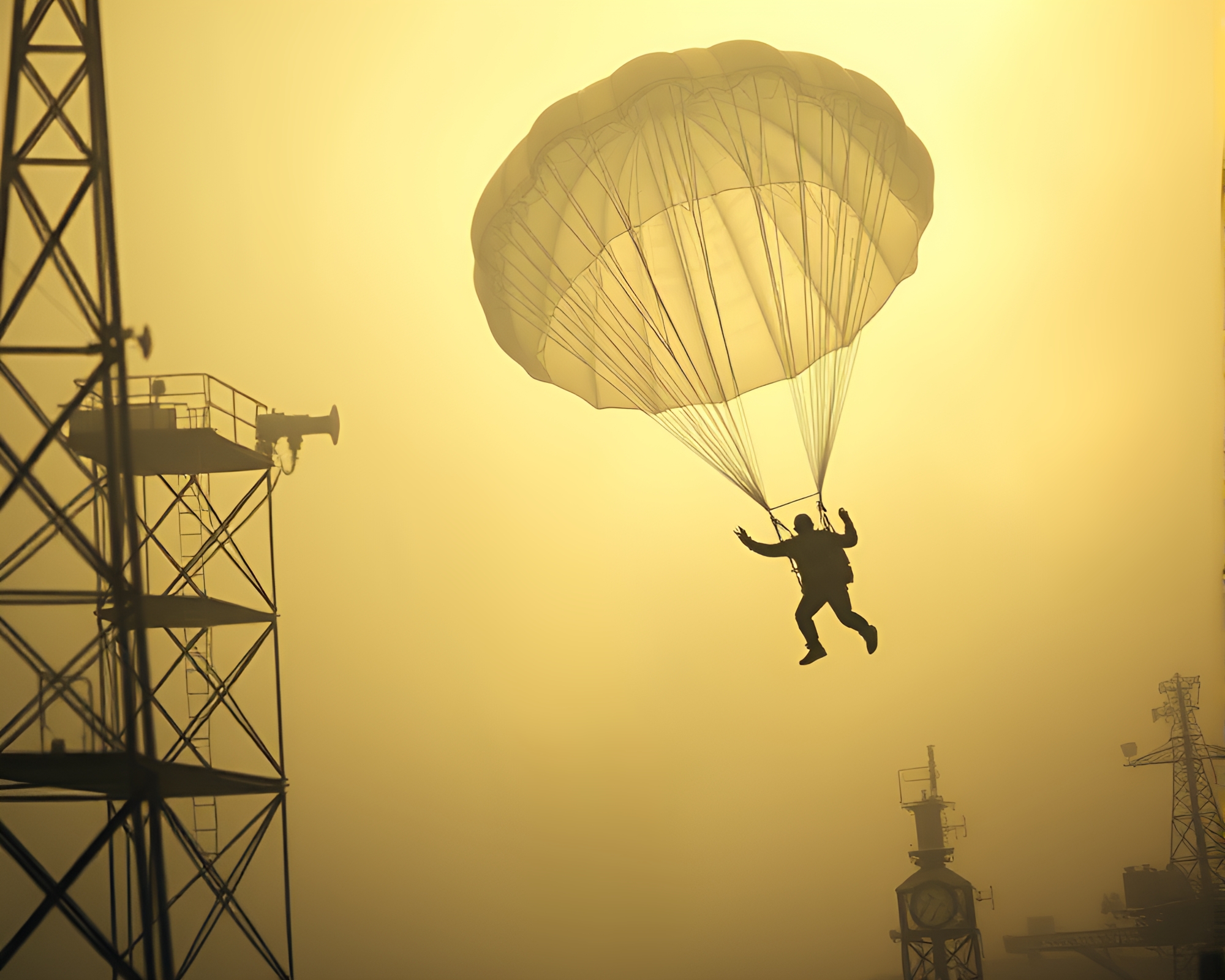 Steampunk Parachute Jumper in Foggy Motion Capture – free AI stock image