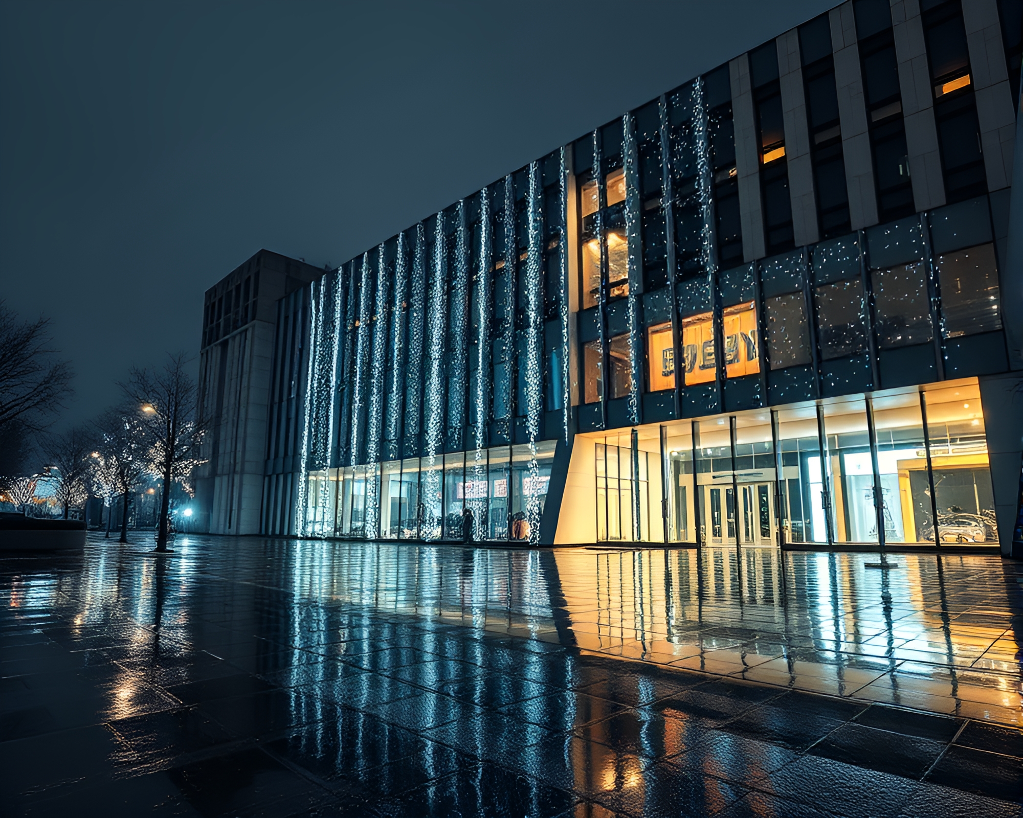 Glistening Fairy Lights on Brutalist Wet Pavement – free AI stock image