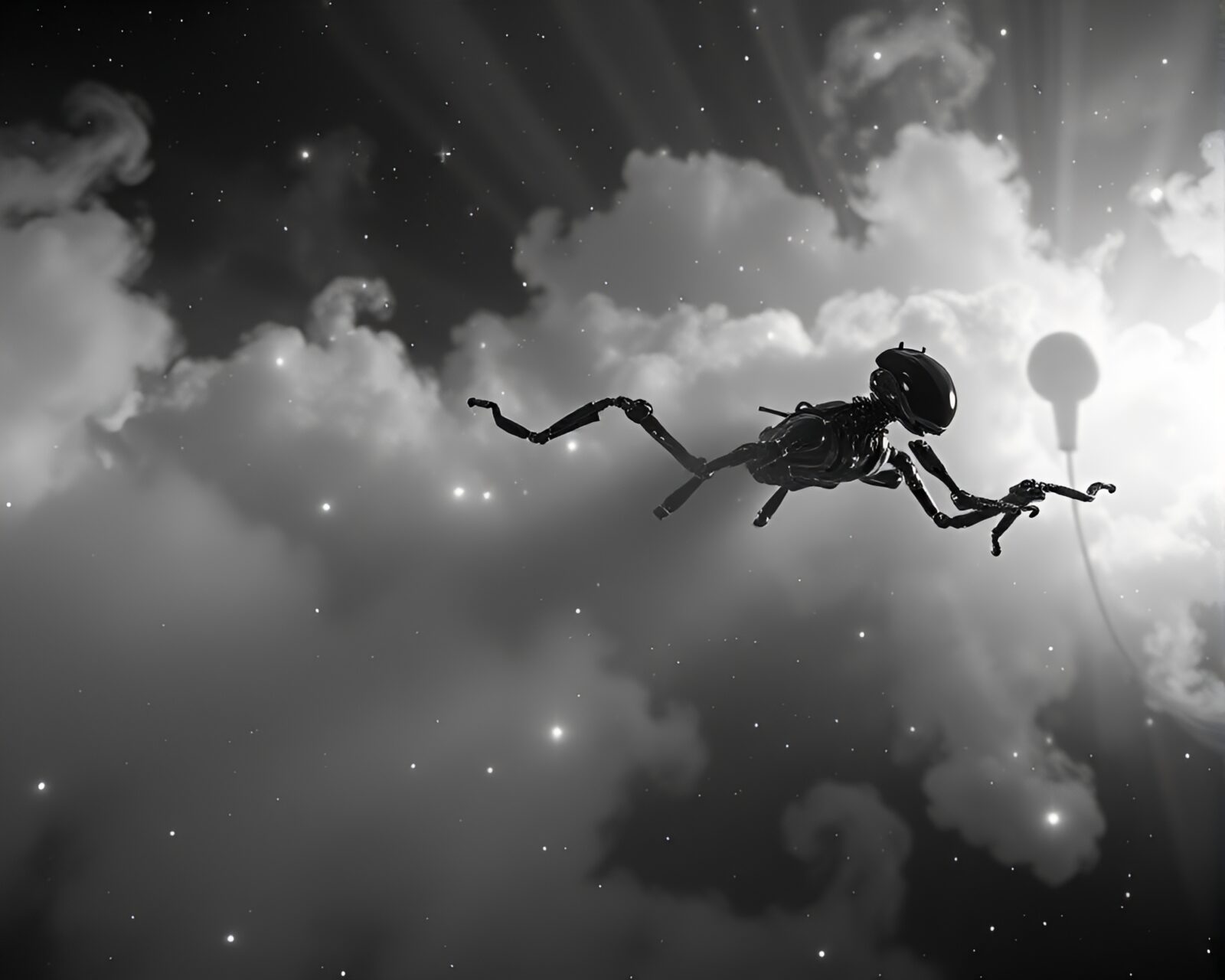 Black and white image of nanobot swarm amidst cosmic fog