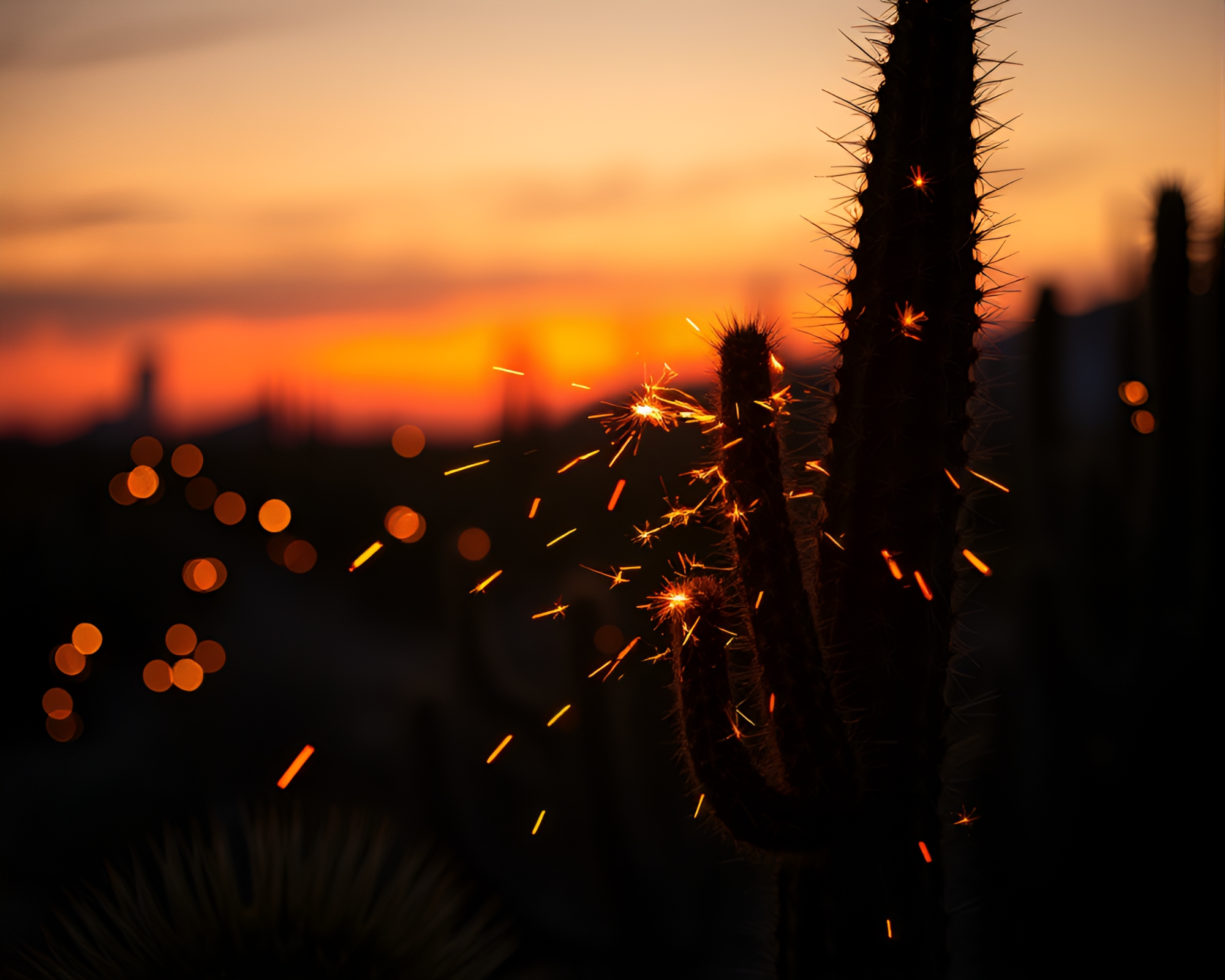 Neon Cactus Glows Amid Sparkler Trails at Golden Hour – free AI stock image