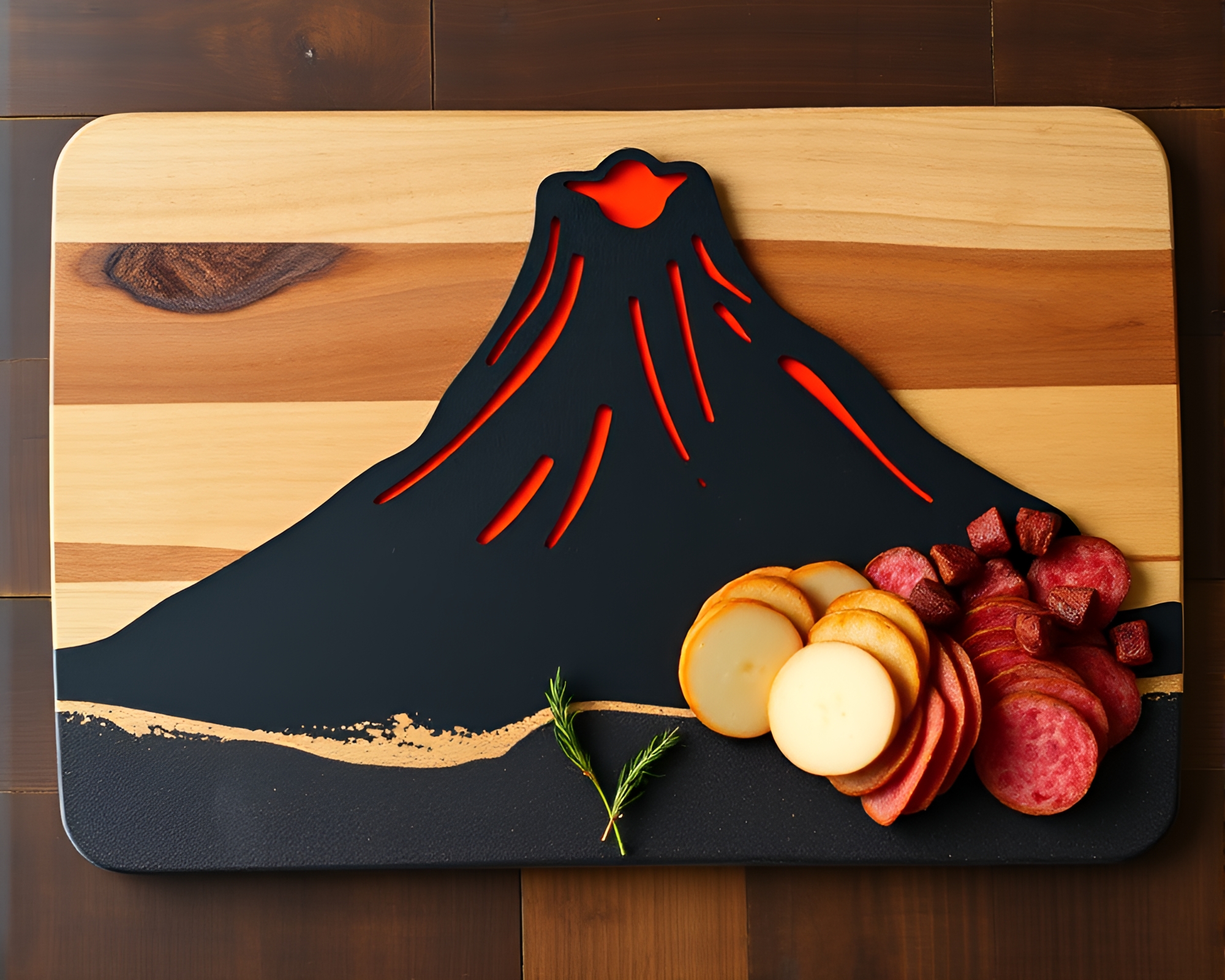 Charcuterie Board with Volcano-Red Glow, Charcoal Strokes Art Style – free AI stock image