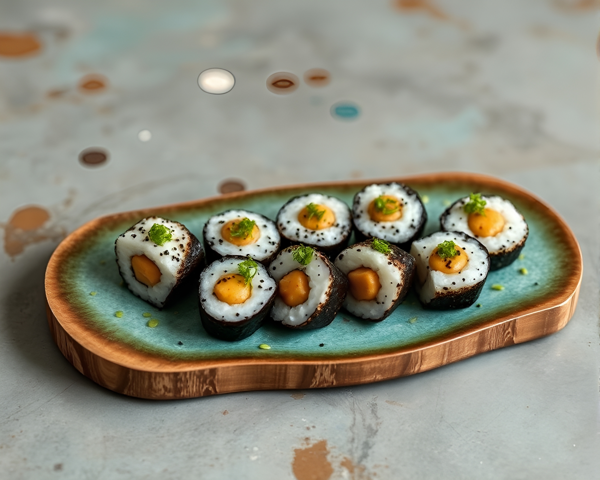Teal Serenity Sushi Platter with Mildew Spots – free AI stock image