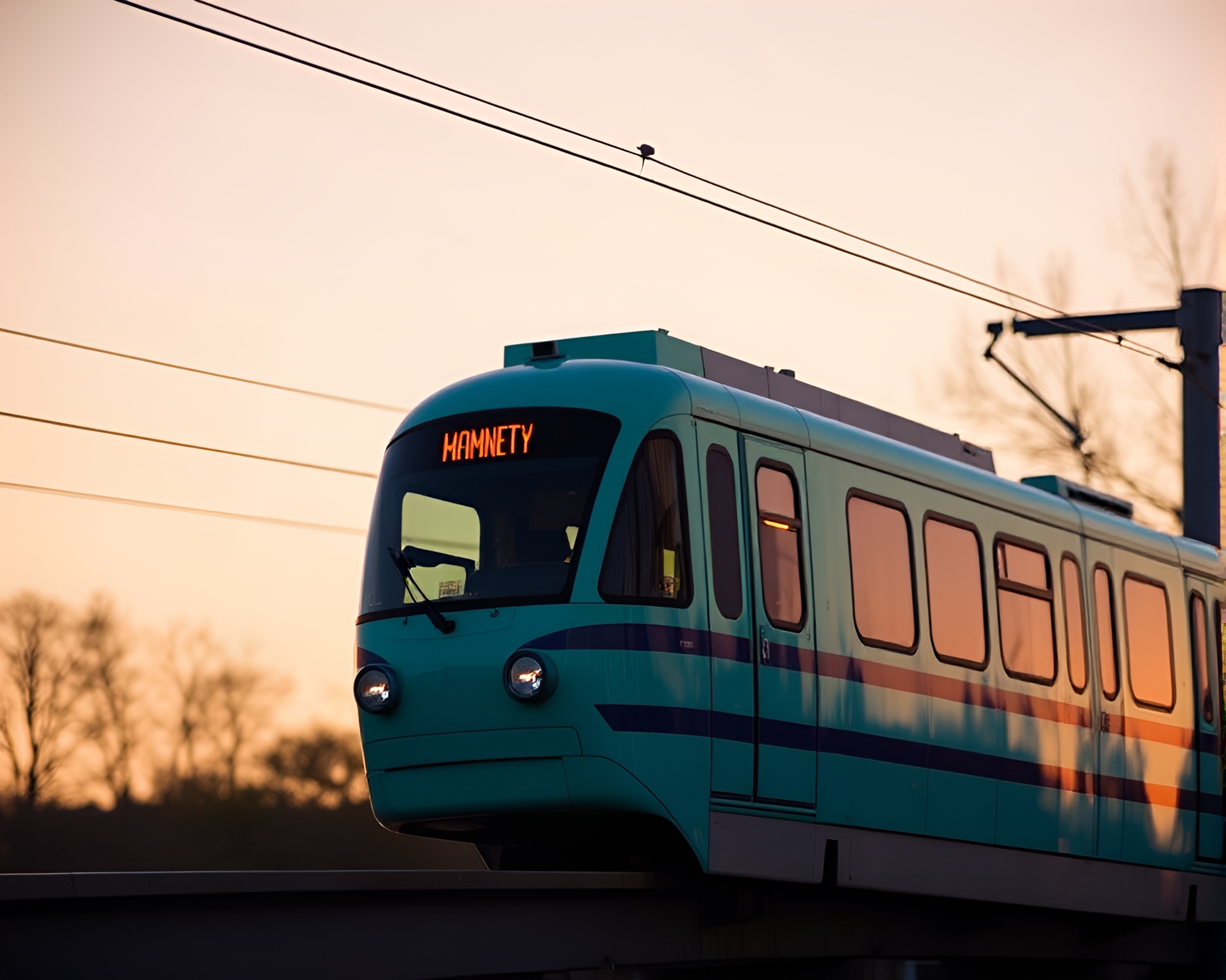 Teal Serenity: Golden Monorail at Sunset – free AI stock image