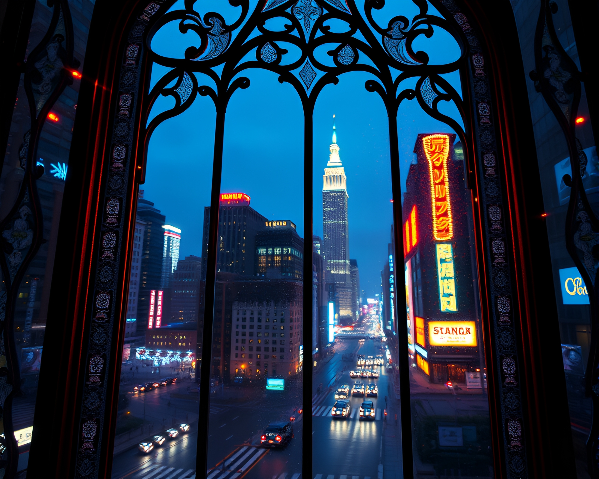 Neon City Glow Through Photorealistic Stained-Glass Window – free AI stock image