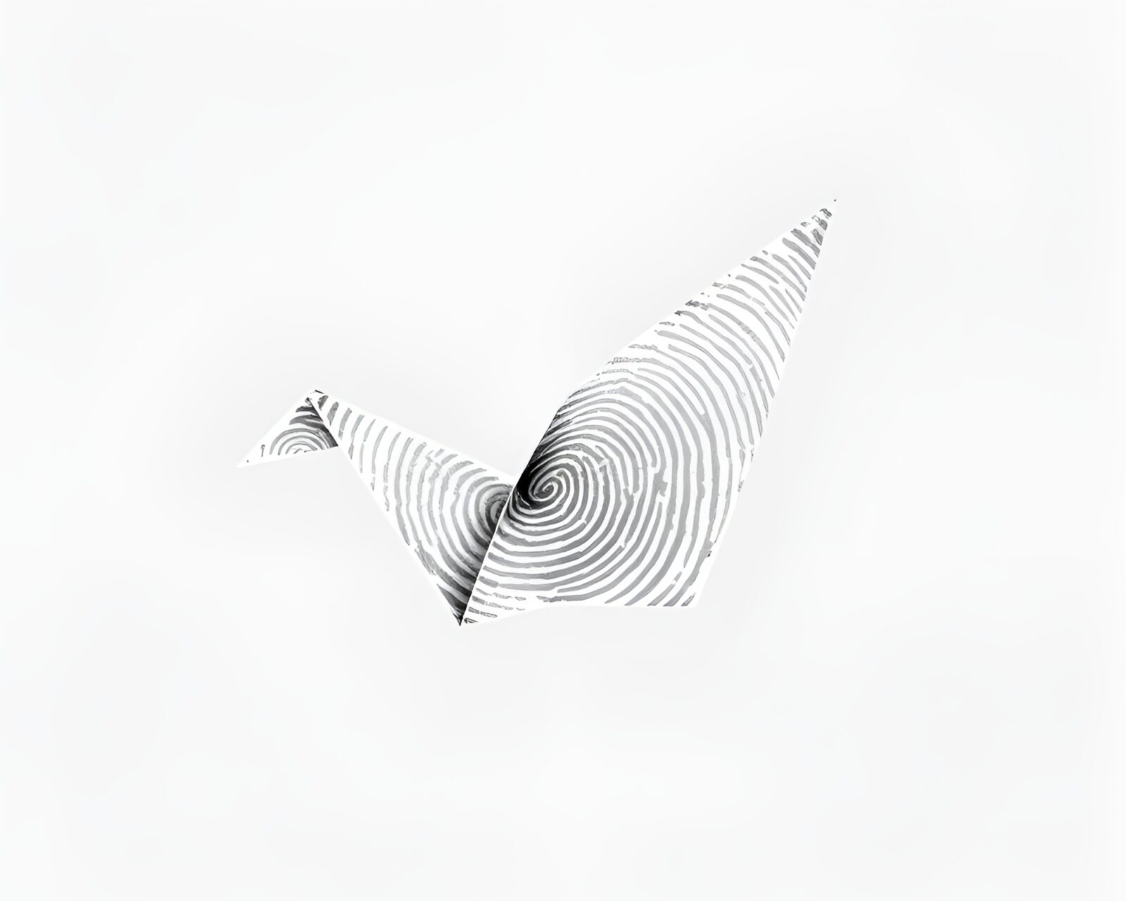 Abstract fingerprint patterns forming an origami crane in shades of gray