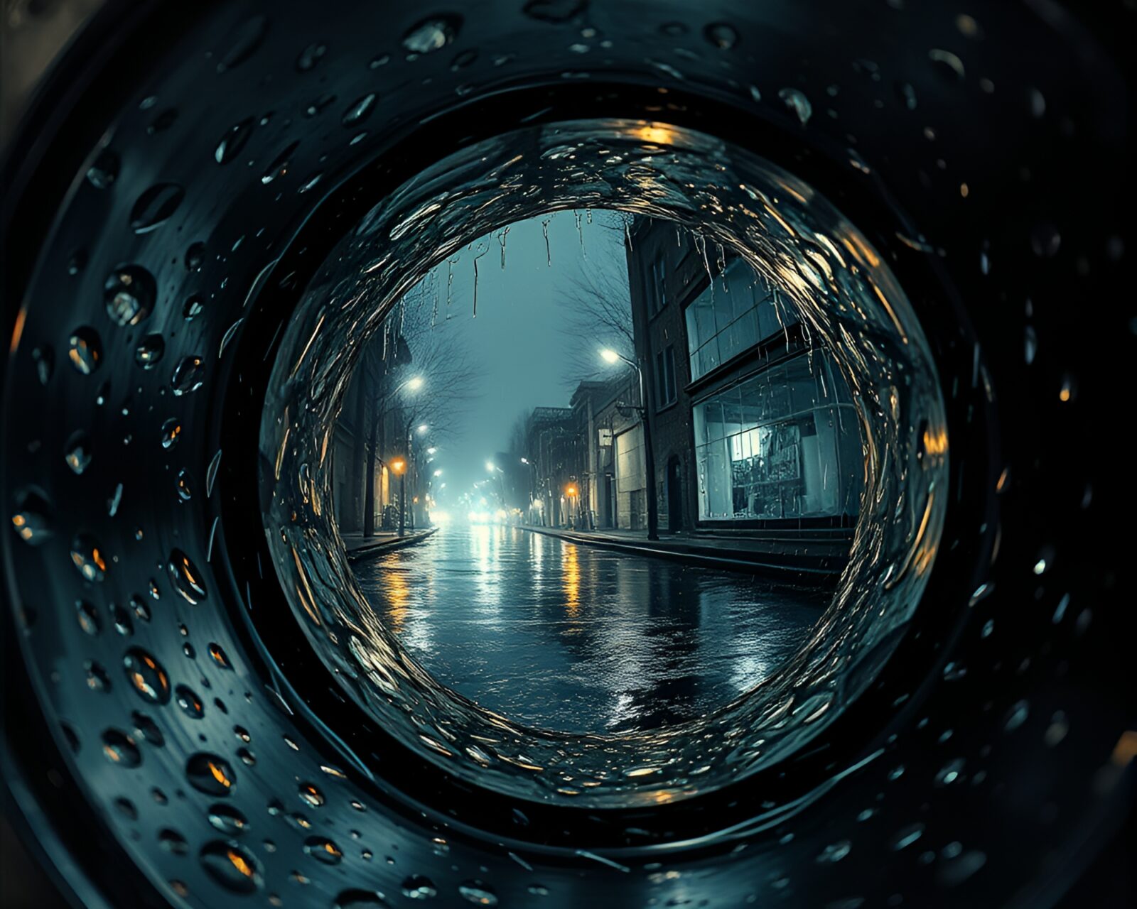 Abstract collage of engraved wormhole generator in rainy light