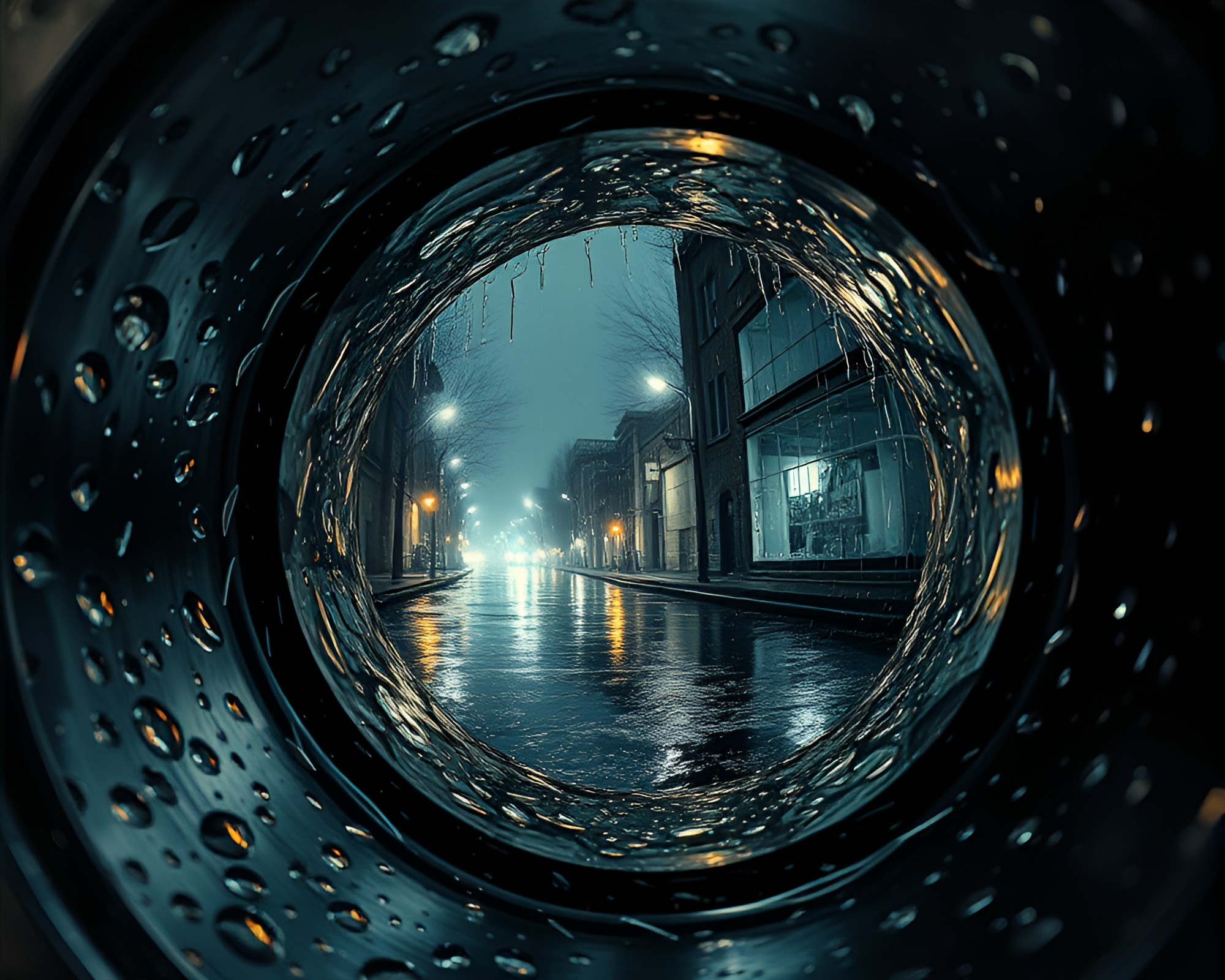 Dadaist Wormhole Generator Amidst Rainy Reflections – free AI stock image