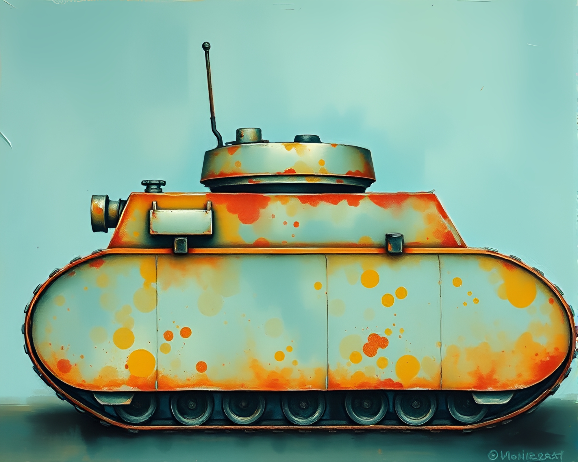 Armored tank encrusted in turquoise mildew spots – free AI stock image