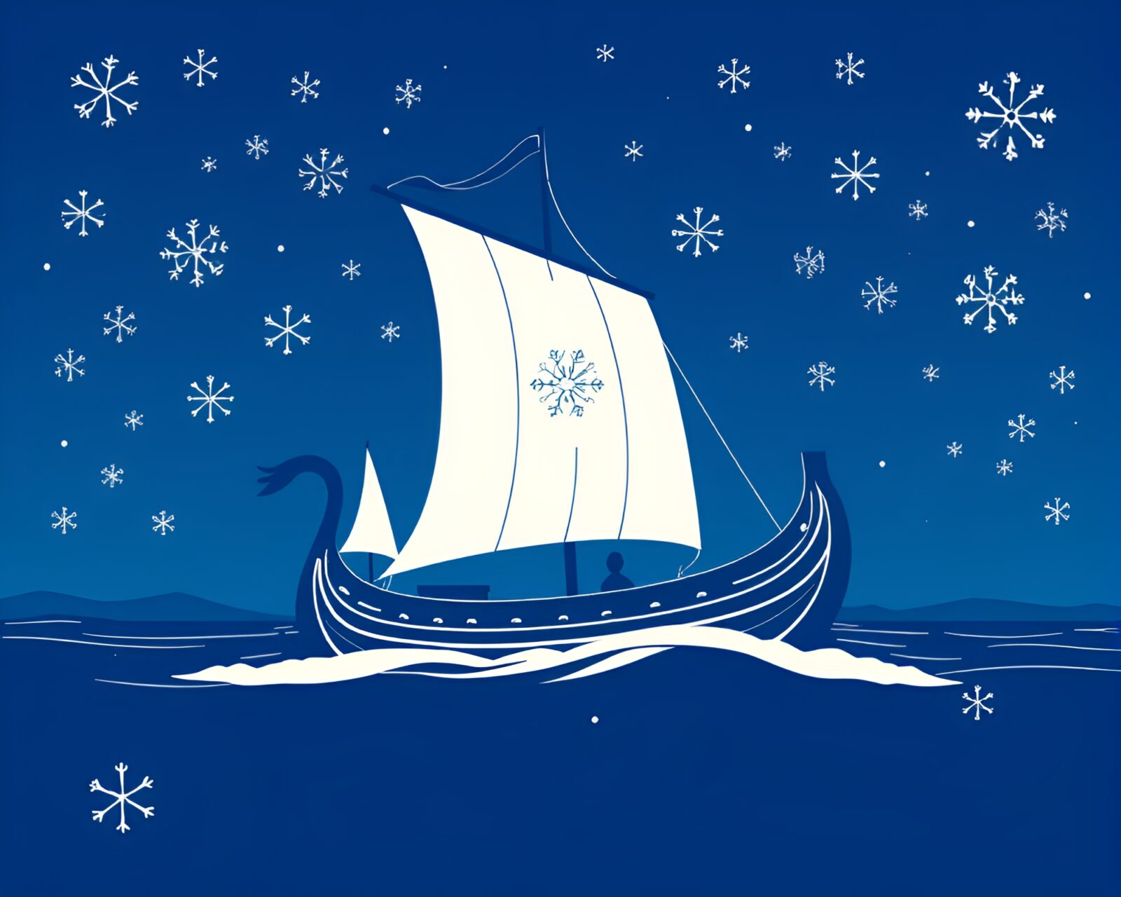 Silhouette illustration of Viking longship on cobalt blue background