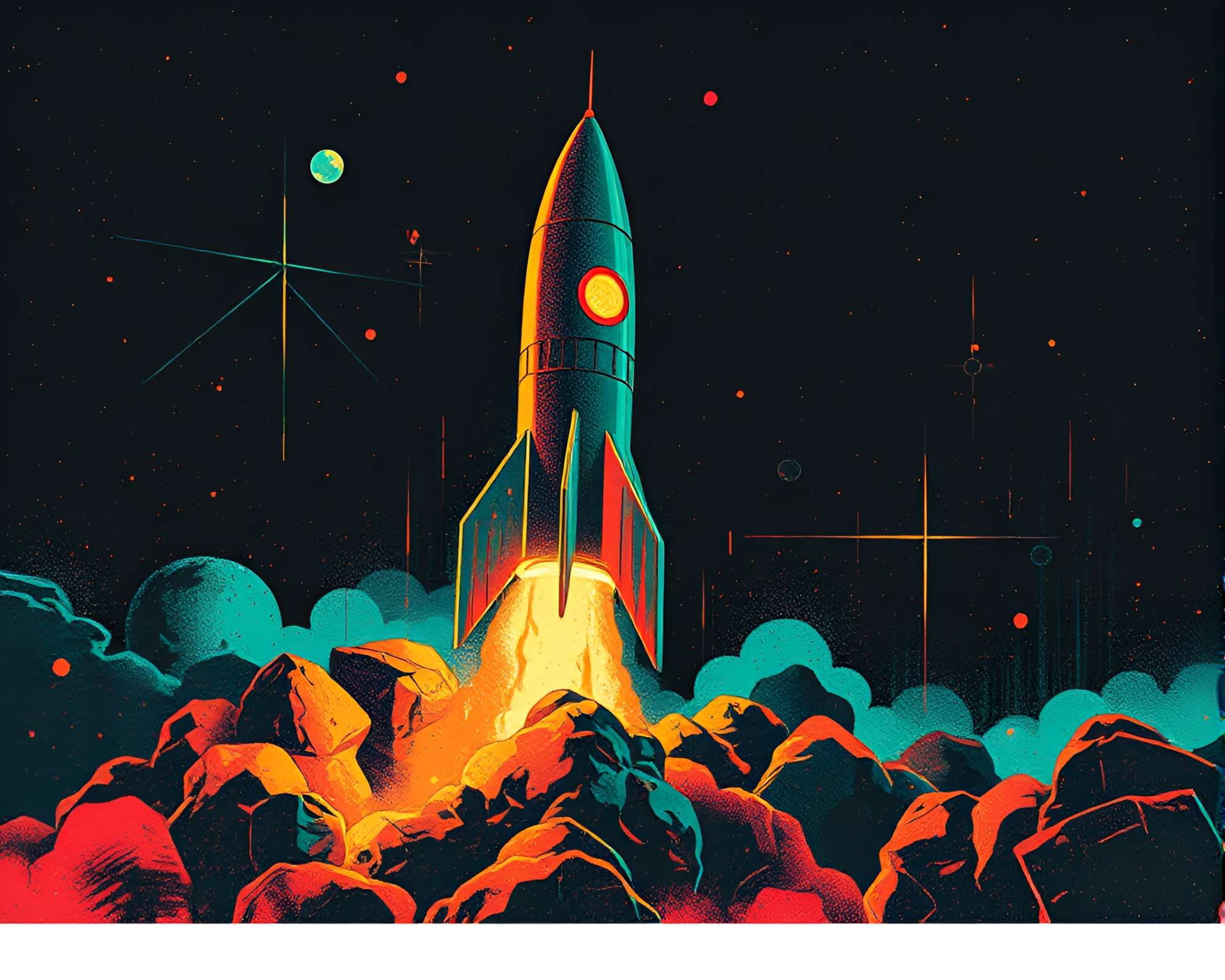 Verdigris Rocket Launch in Glitch Cyberpunk Universe – free AI stock image