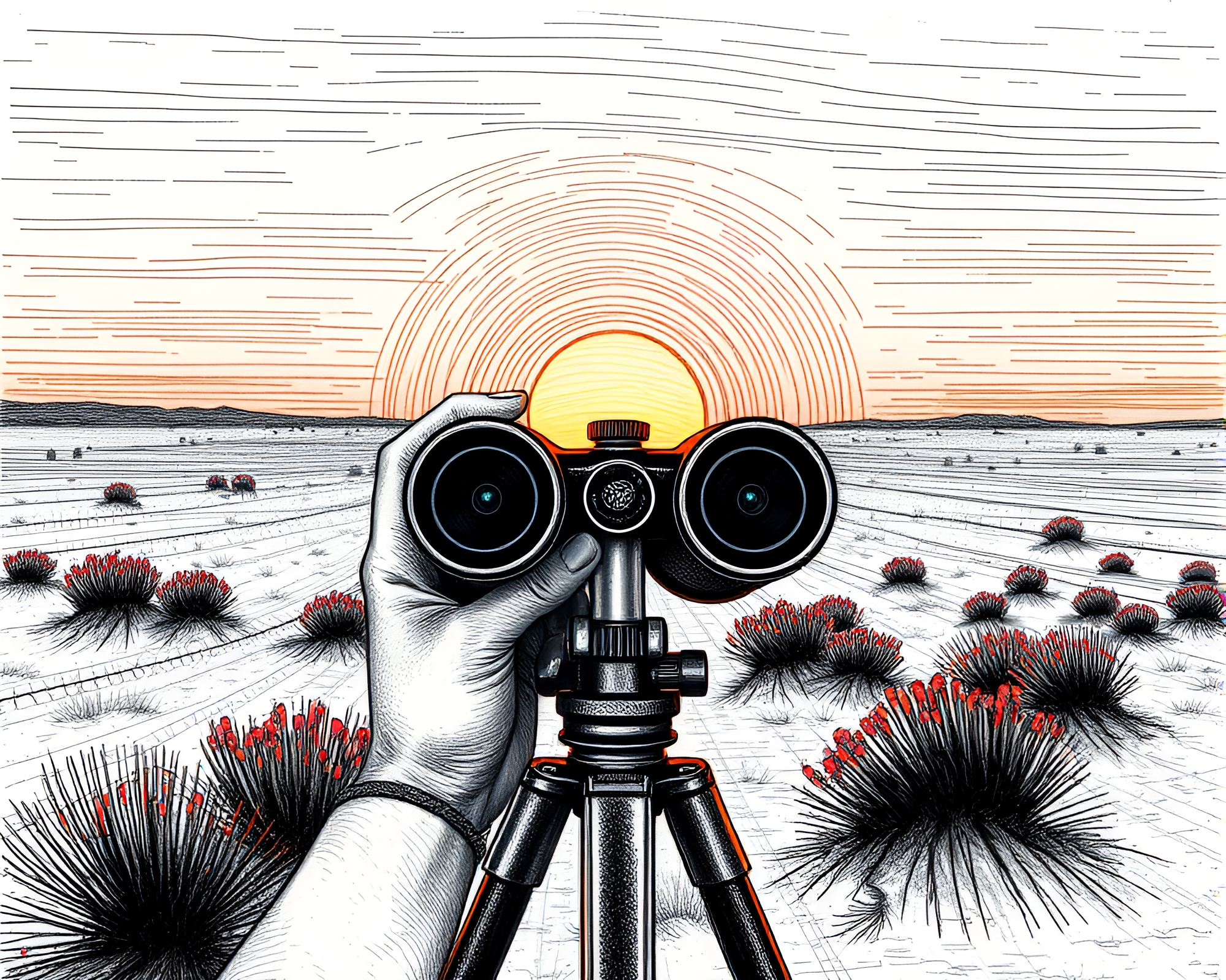 Magnified Desert Vision: Binoculars at Sunset – free AI stock image