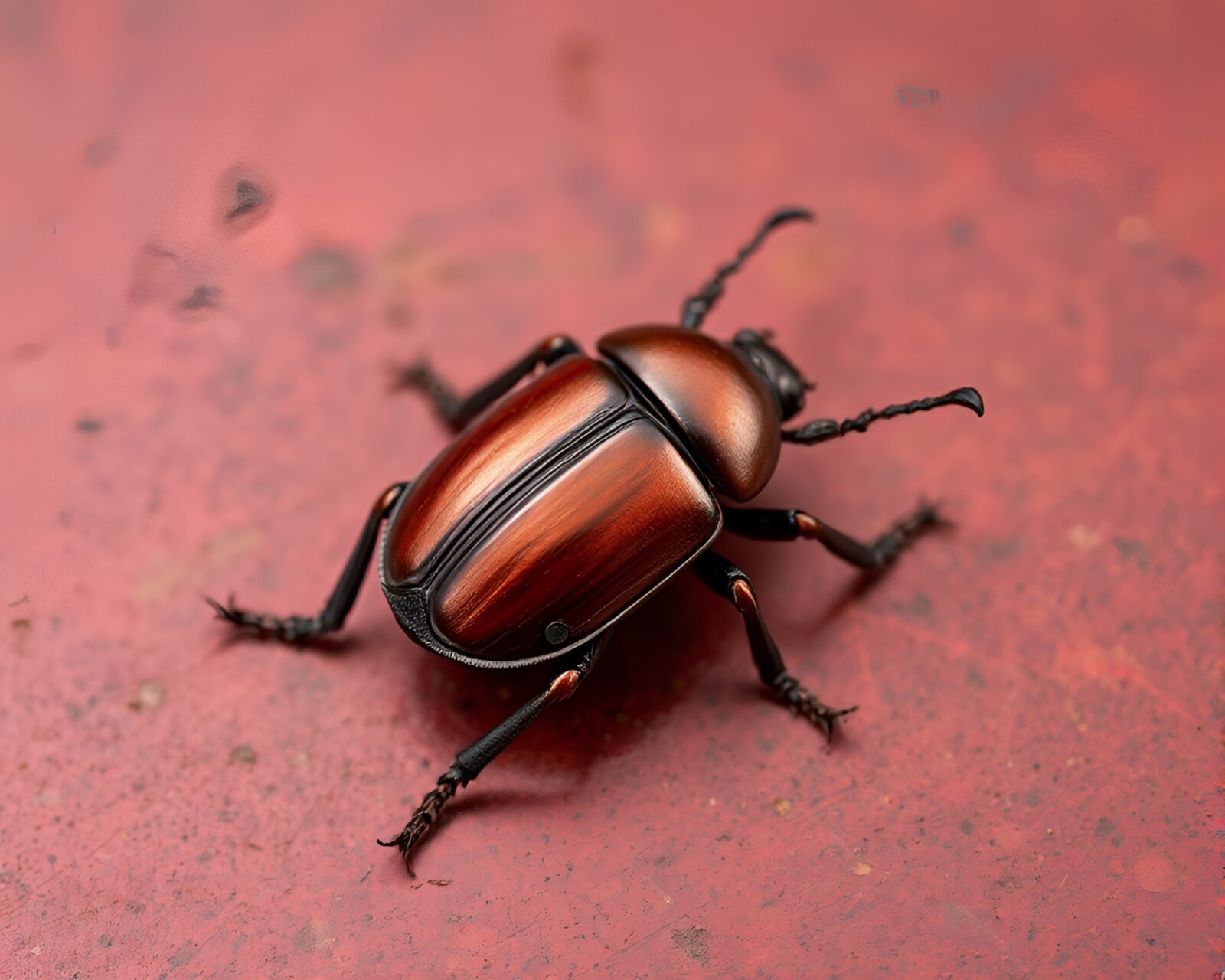 Glistening beetle with bronze sheen in shadowy red light