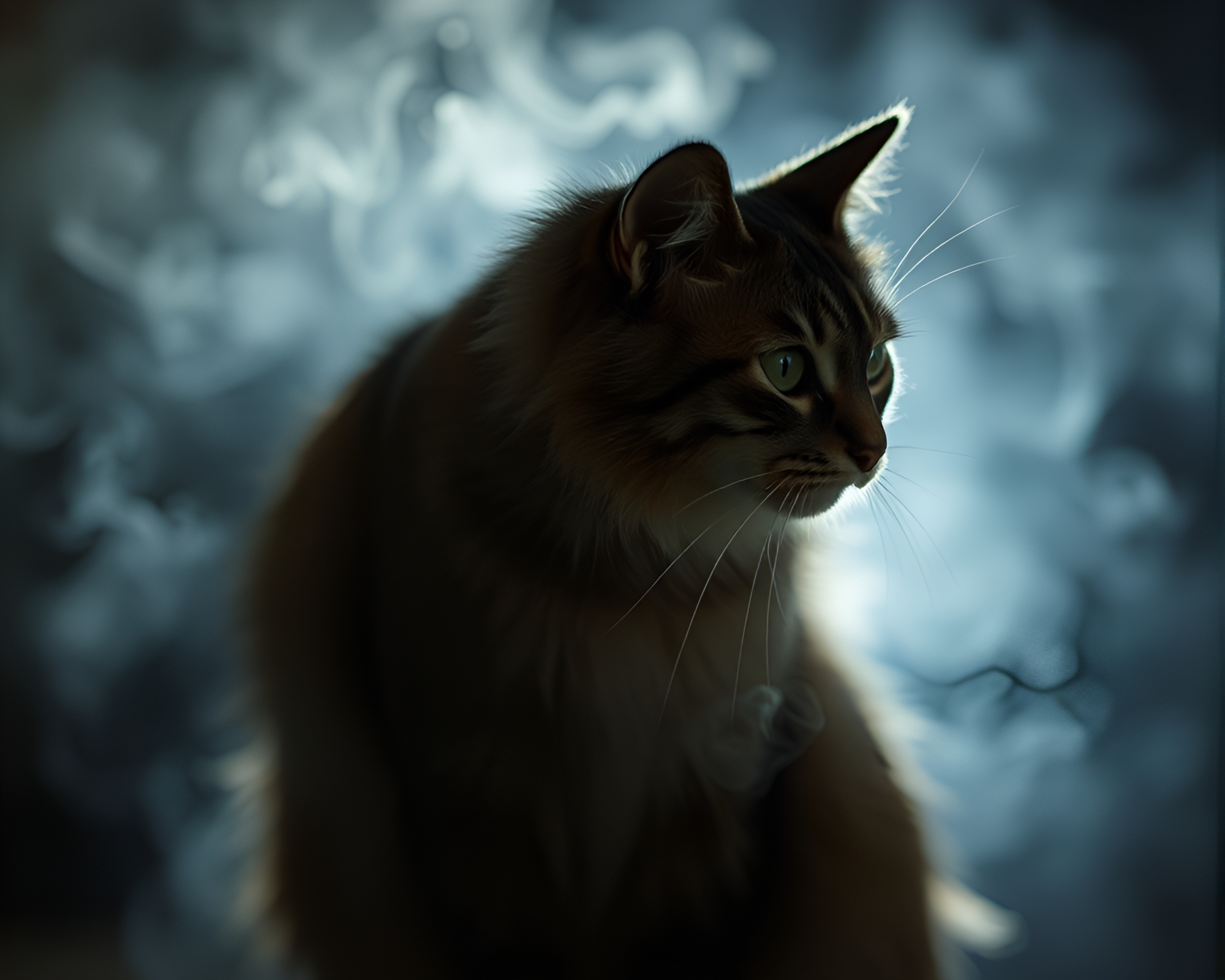 Schrodinger’s Cat in Enigmatic Steam Vapor Spotlight – free AI stock image