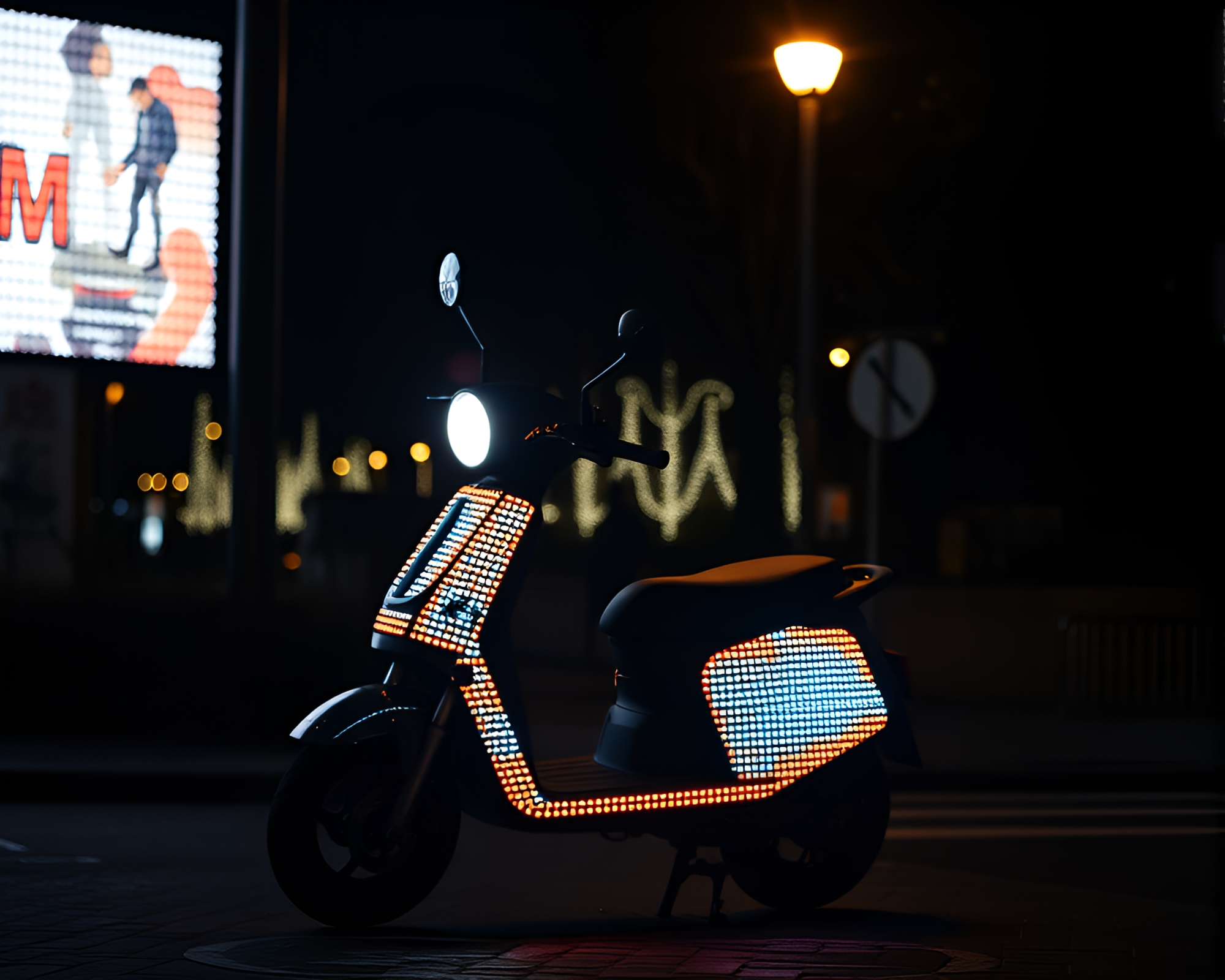 LED Pixel Electric Scooter in Streetlamp Glow – free AI stock image