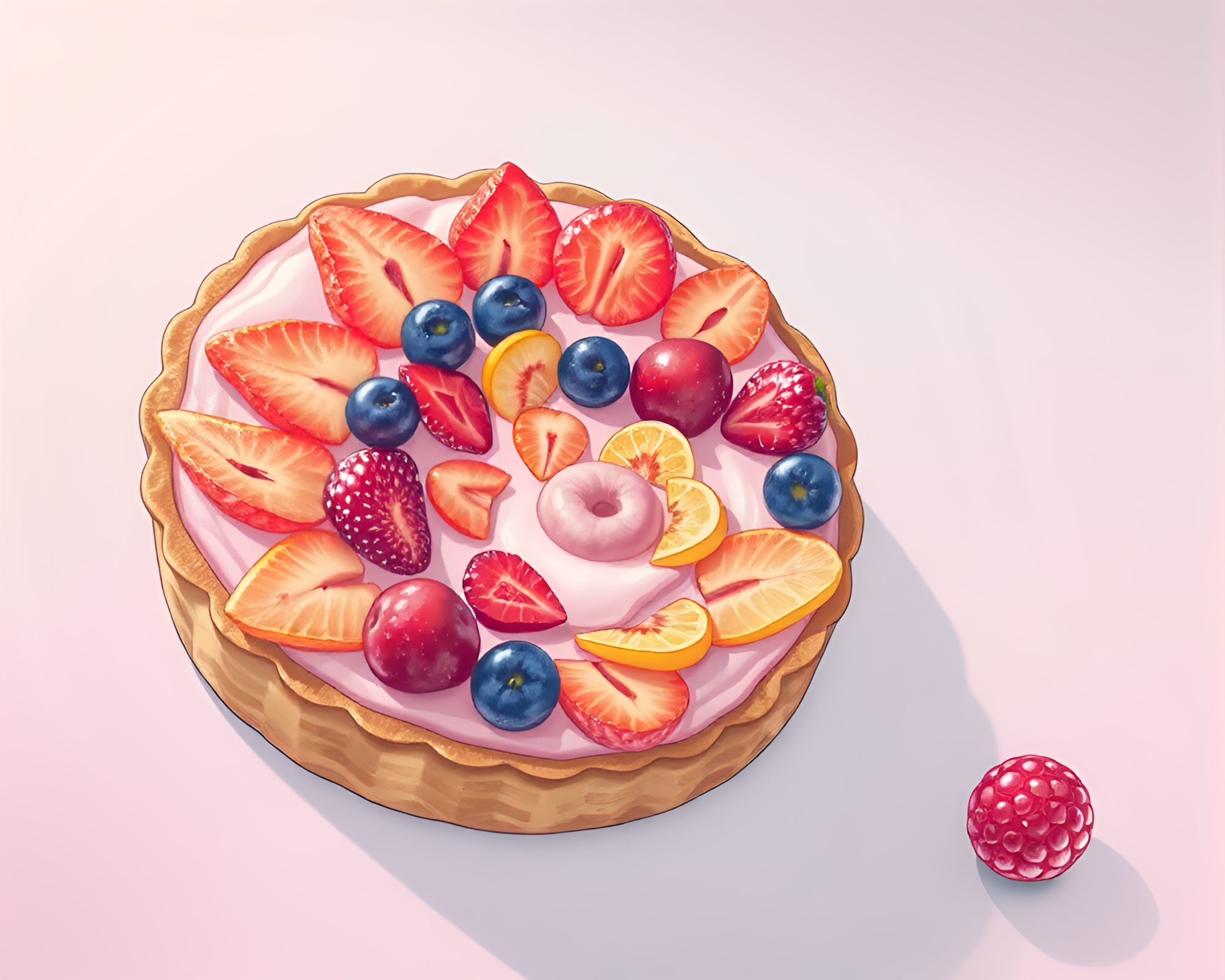 Manga-style Fruit Tart in Pastel Spiral Composition – free AI stock image