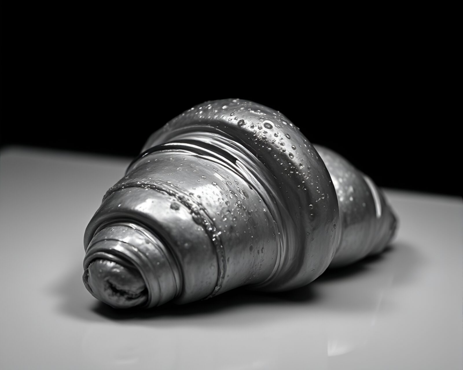 A black and white image of a neon-lit croissant reflecting muted earth tones