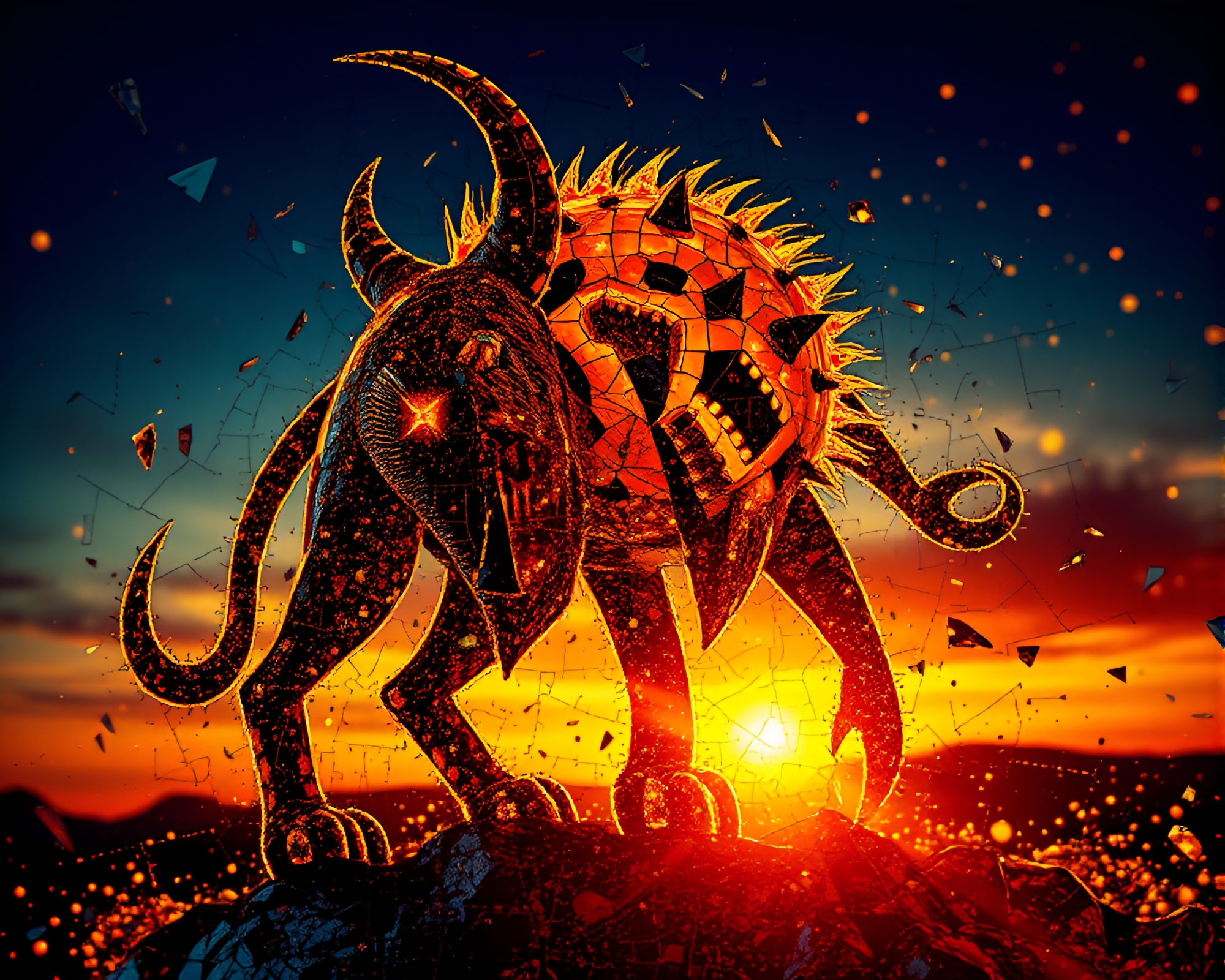 Cerberus Shattered Mosaic: Glitchy Golden Hour Art – free AI stock image