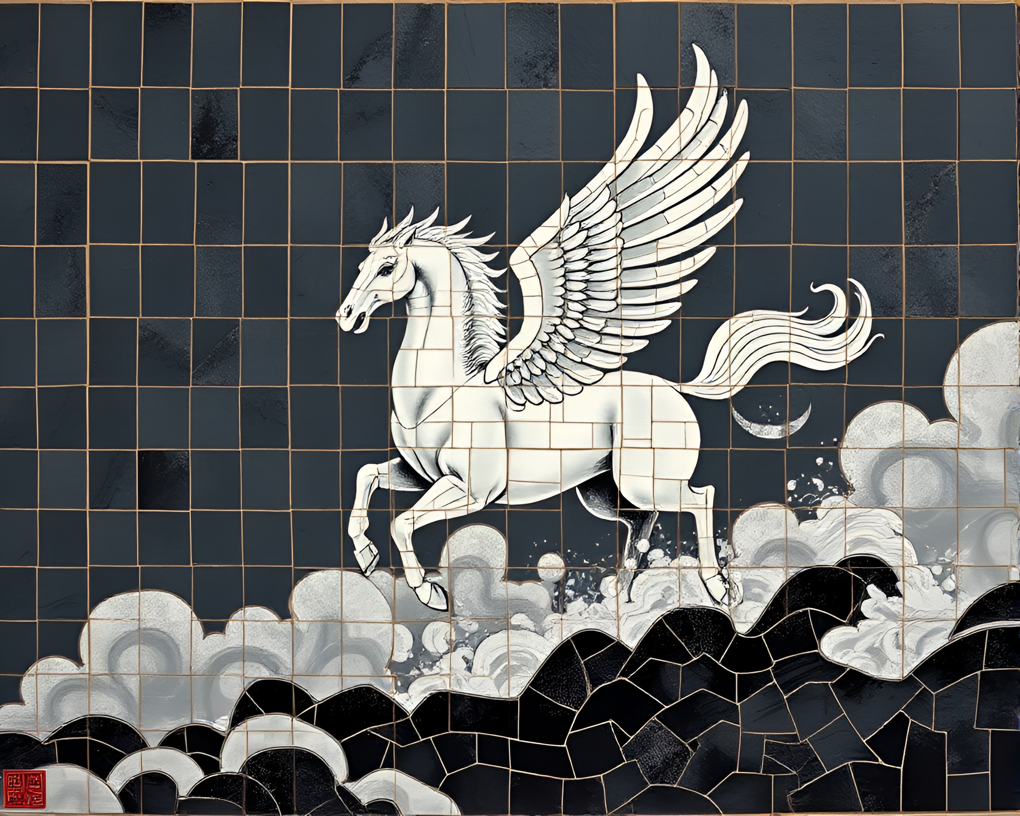 Majestic Pegasus Mosaic Amid Volcanic Ash – free AI stock image