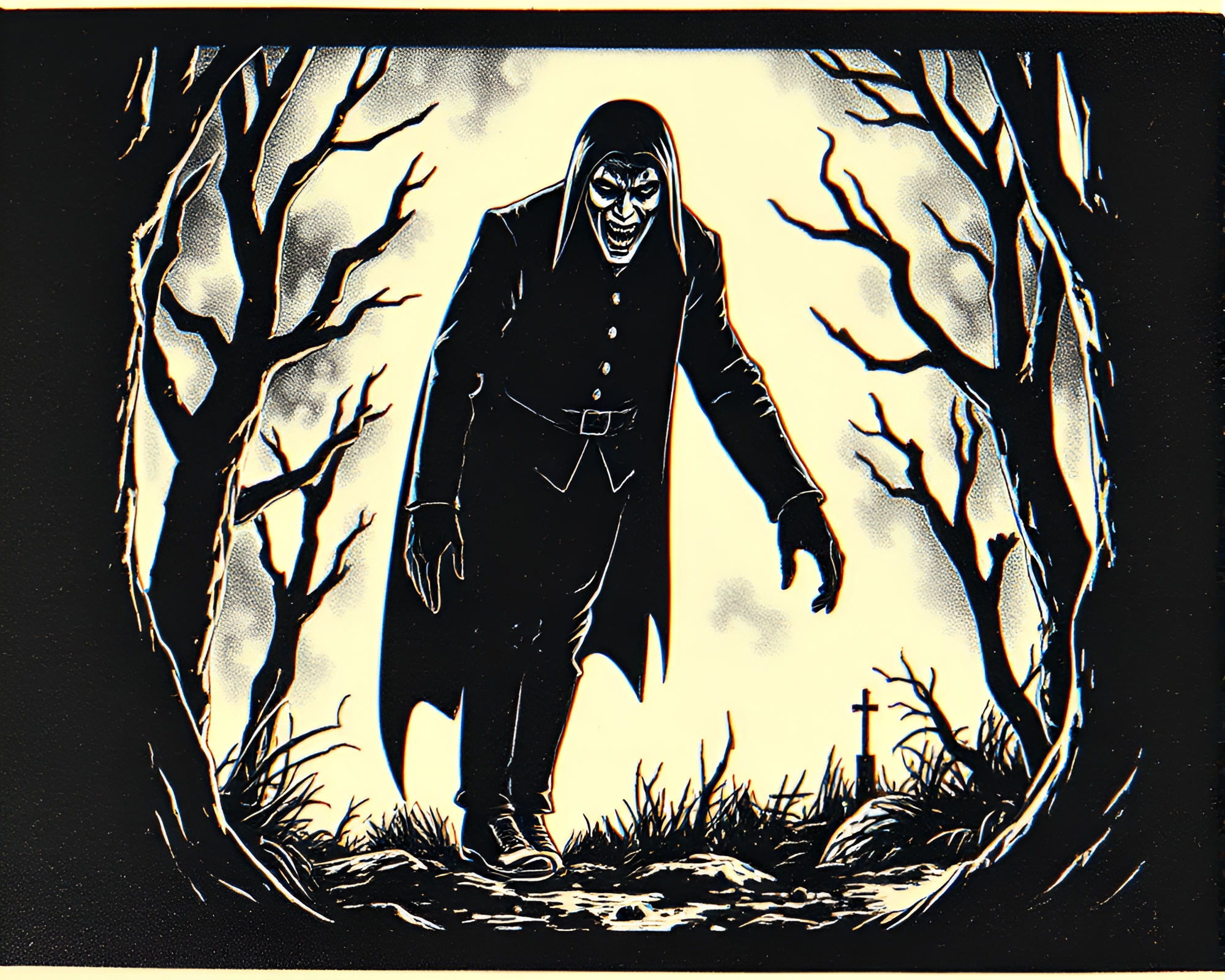 Engraved Vampire Portrait with VHS Vignette Border – free AI stock image