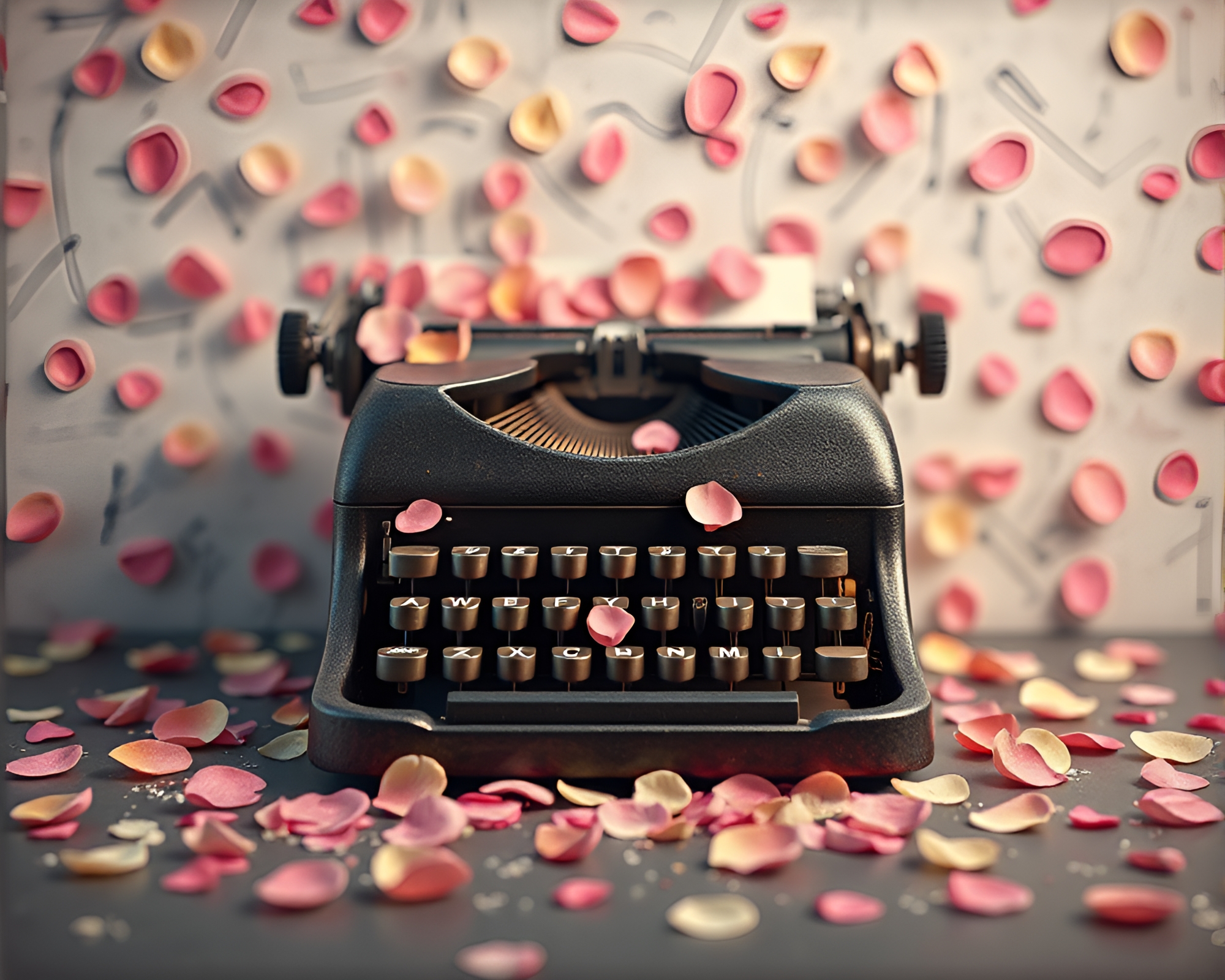Vintage typewriter adorned with delicate flower petals – free AI stock image