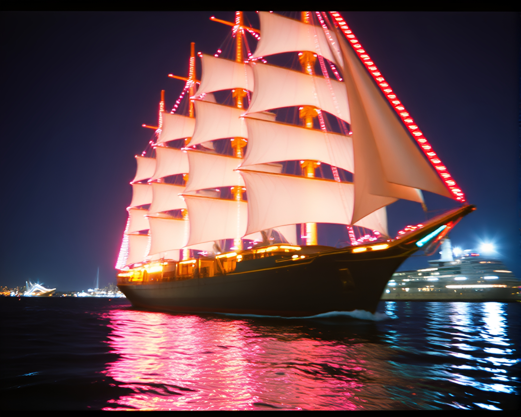 Neon-lit Candid Moment on Classic Sailing Ship – free AI stock image
