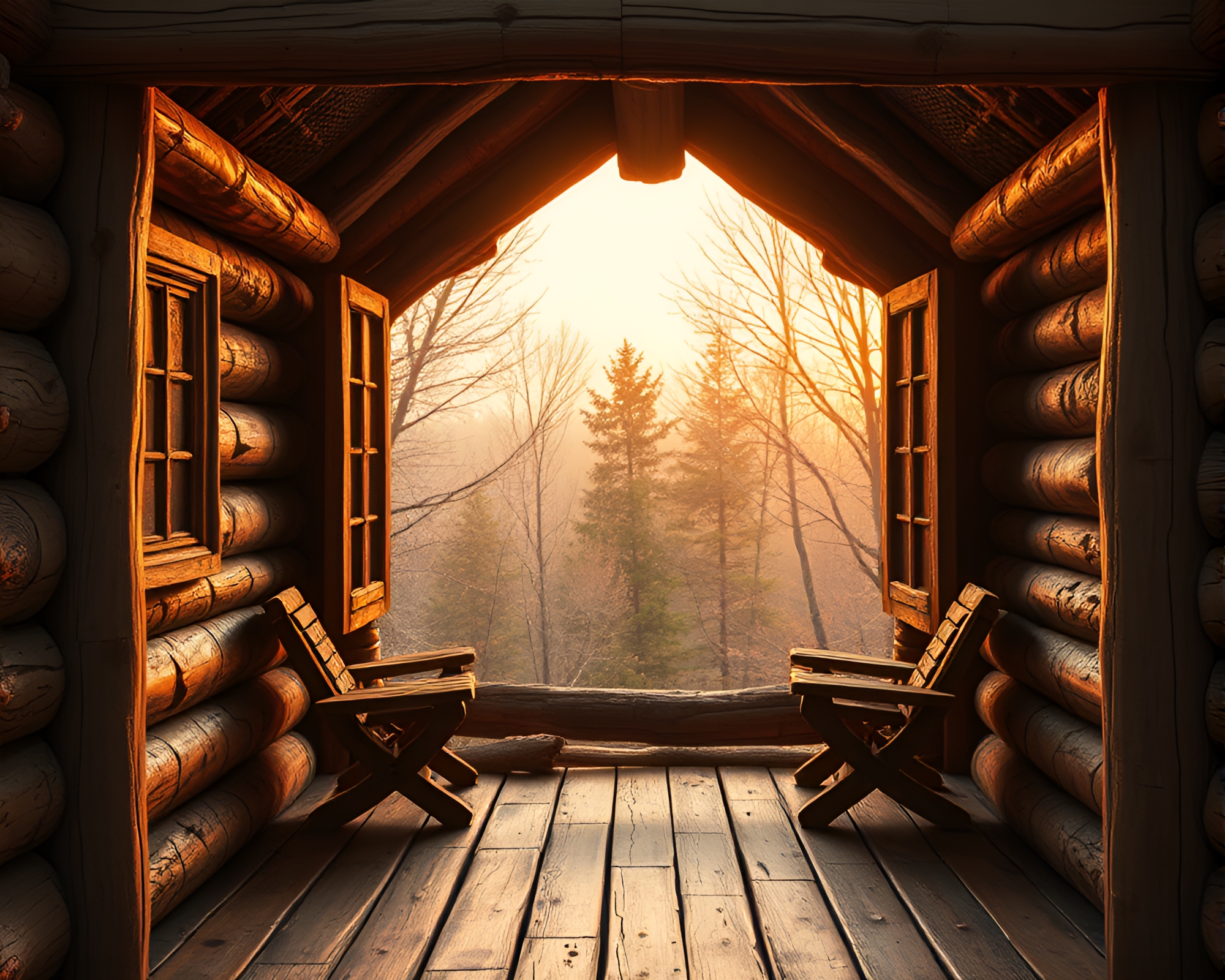 Rustic Cabin in Peachy Mosaic Sunset Glow – free AI stock image