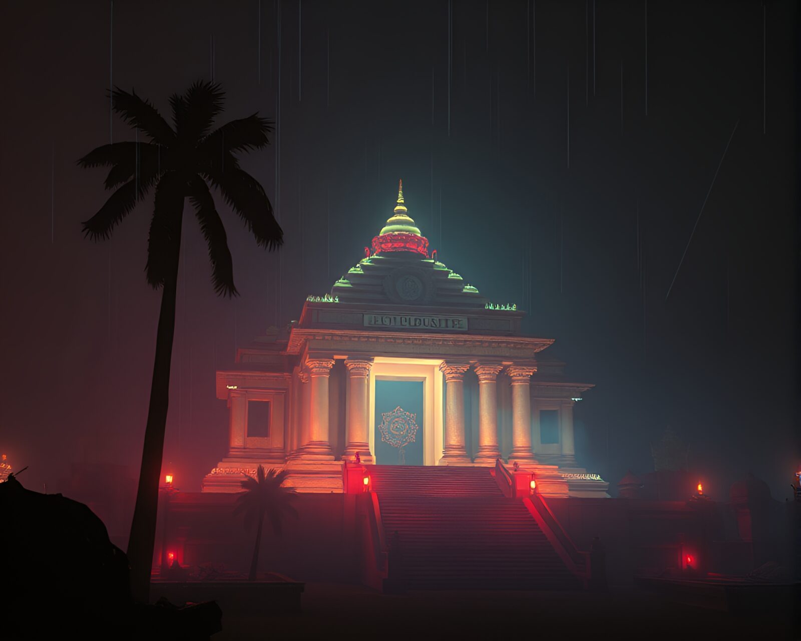 Mystical temple engulfed in vintage lighting effects and hatching