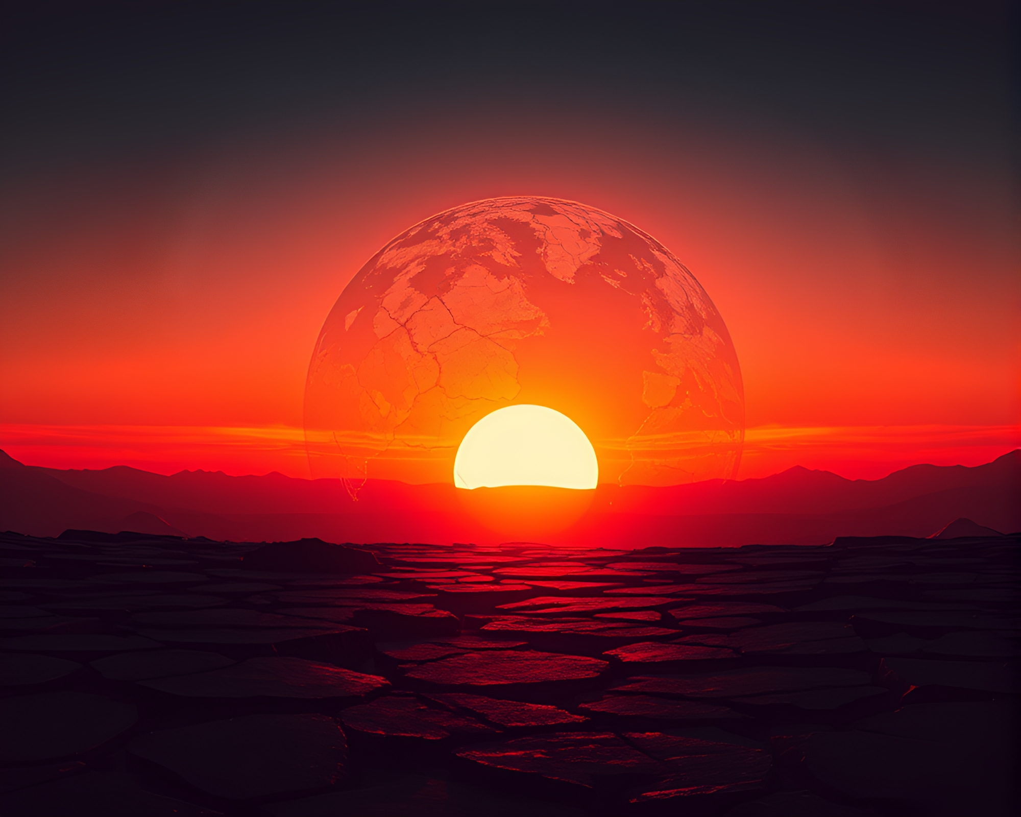 Vaporwave Sunset Silhouette on Cracked Earth – free AI stock image