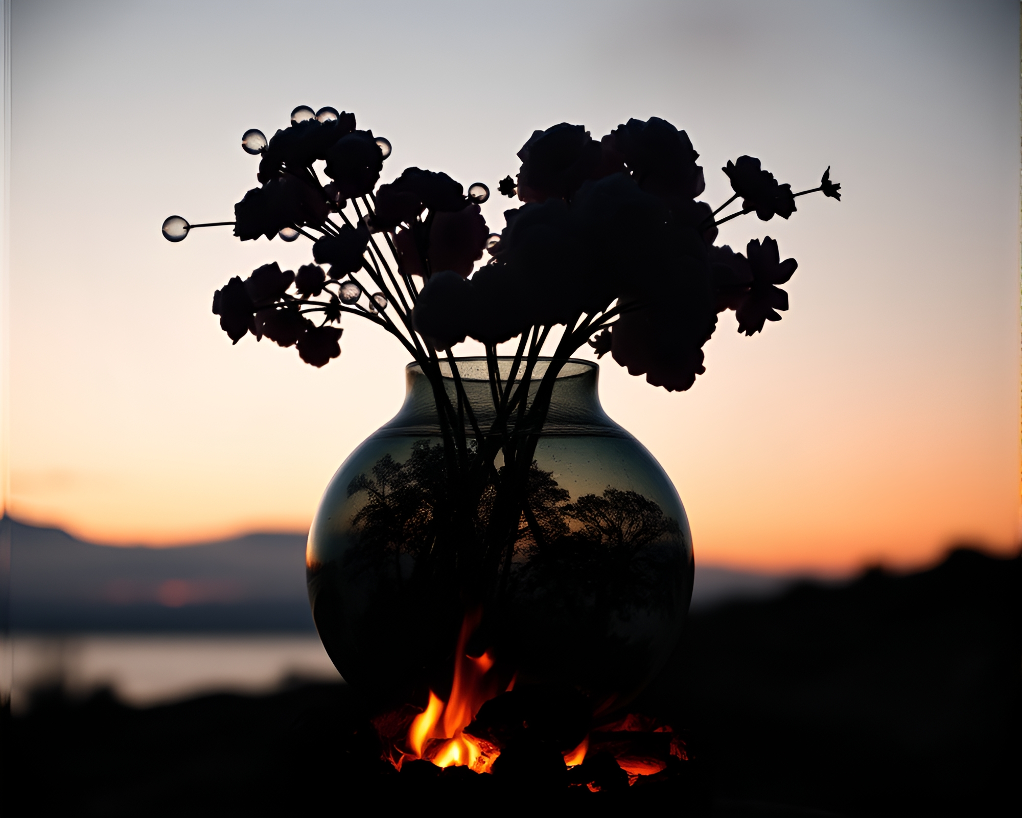 Ethereal Bubble Clusters in Vase Lit by Bonfire – free AI stock image