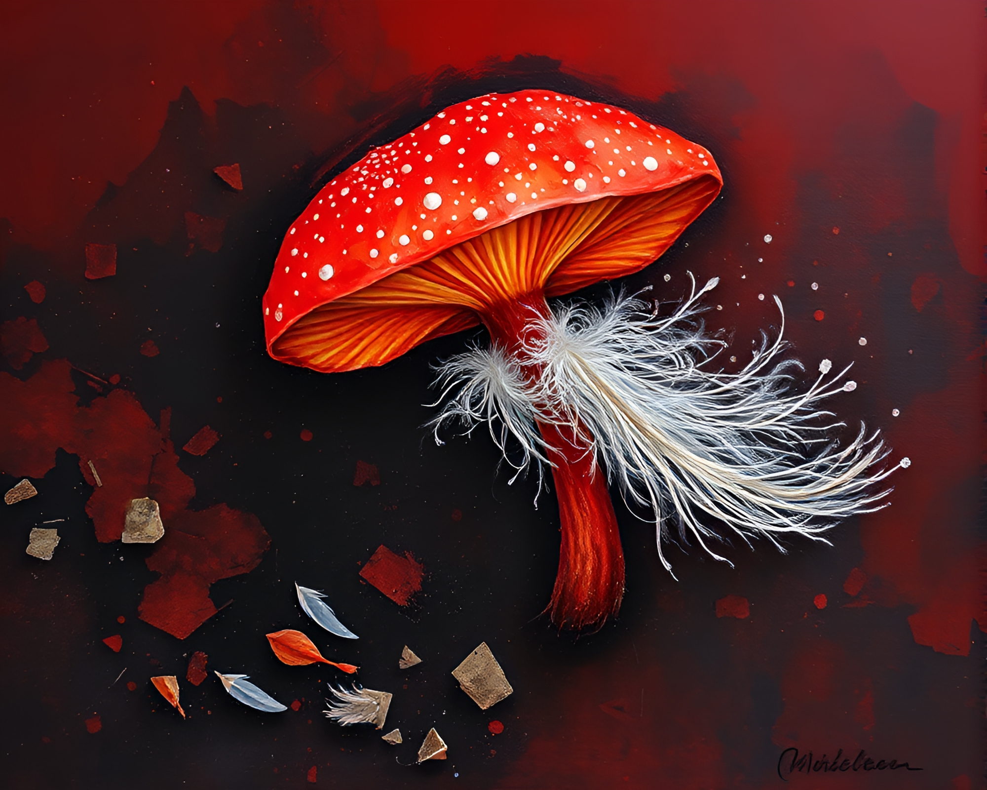 Bioluminescent fungi in brick red gouache painting – free AI stock image