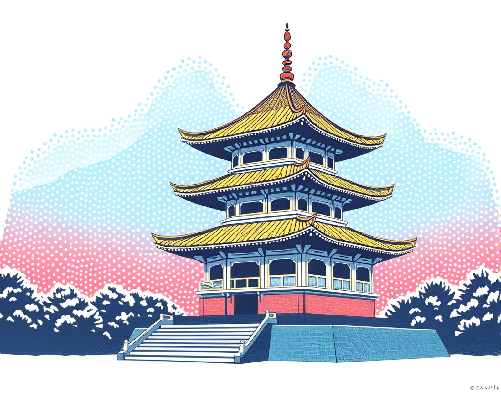 Abstract image of pagoda amidst refracted prism colors