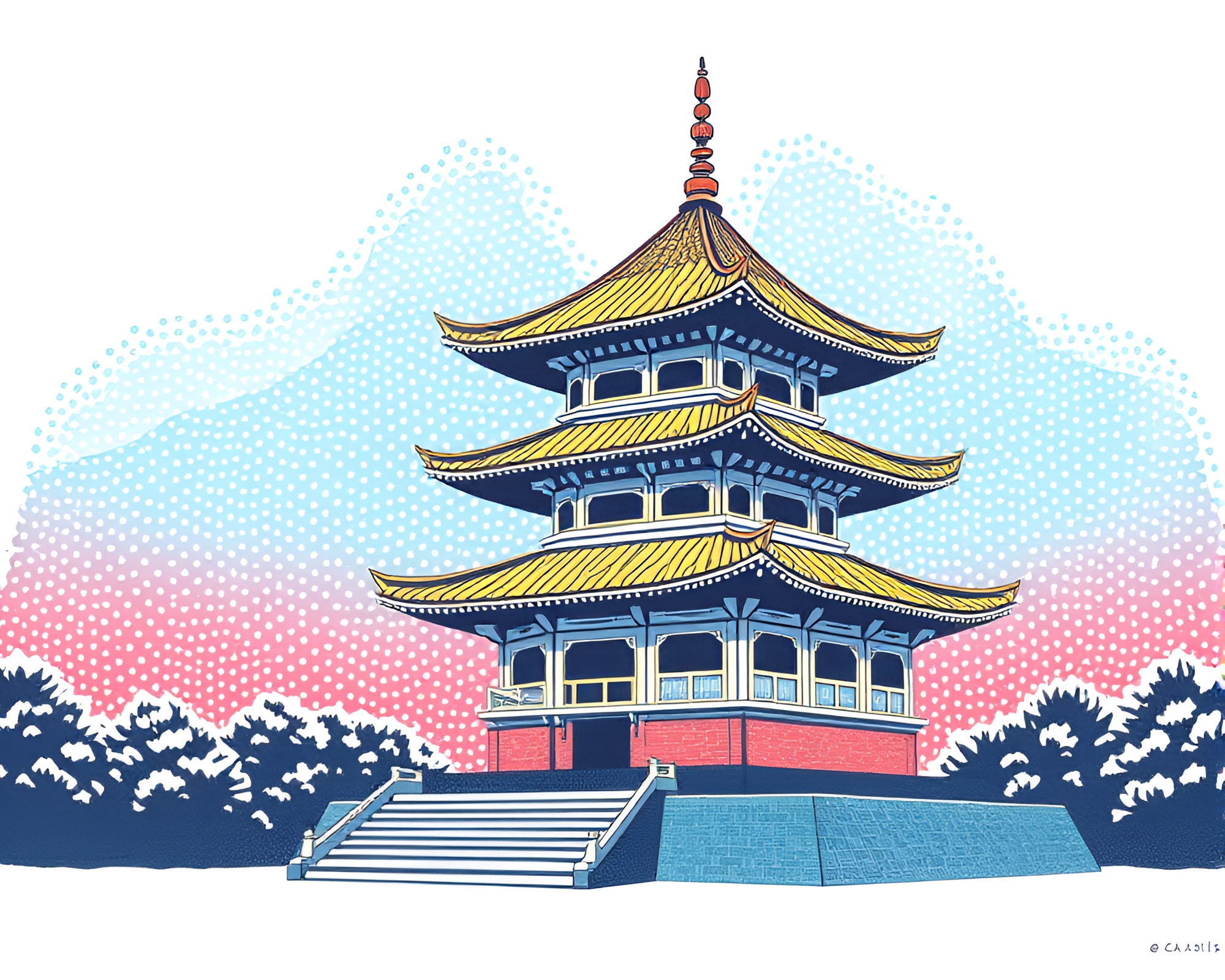Prismatic Pagoda: Screenprint Dots Illumination – free AI stock image