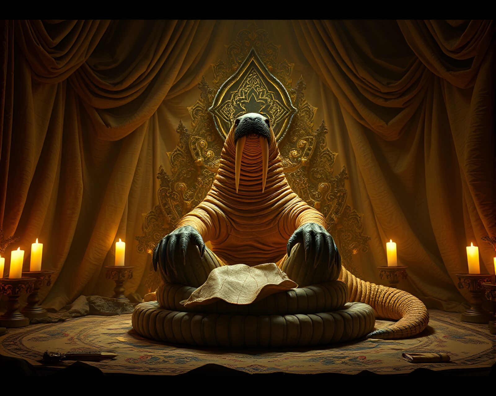 Regal walrus surrounded by fabric folds in majestic glow