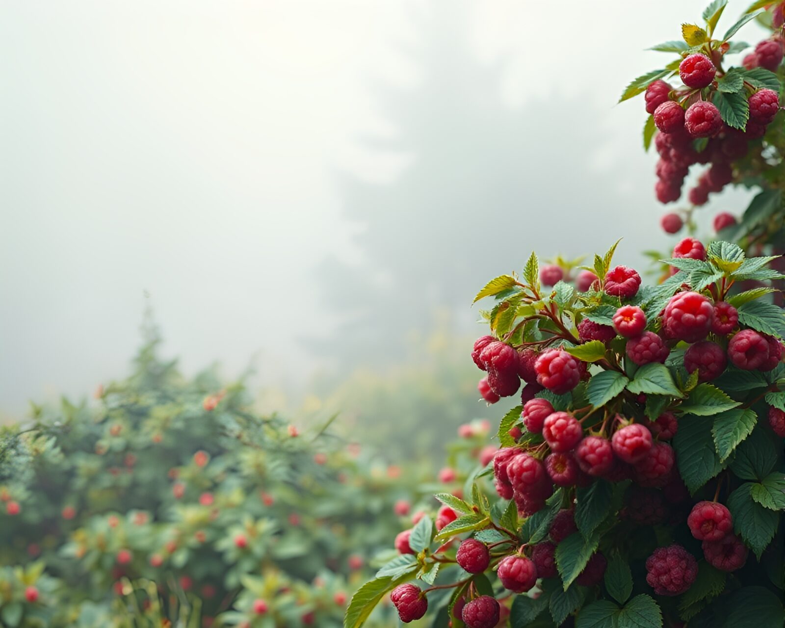 A surreal misty scene with off-center focus on raspberry bush
