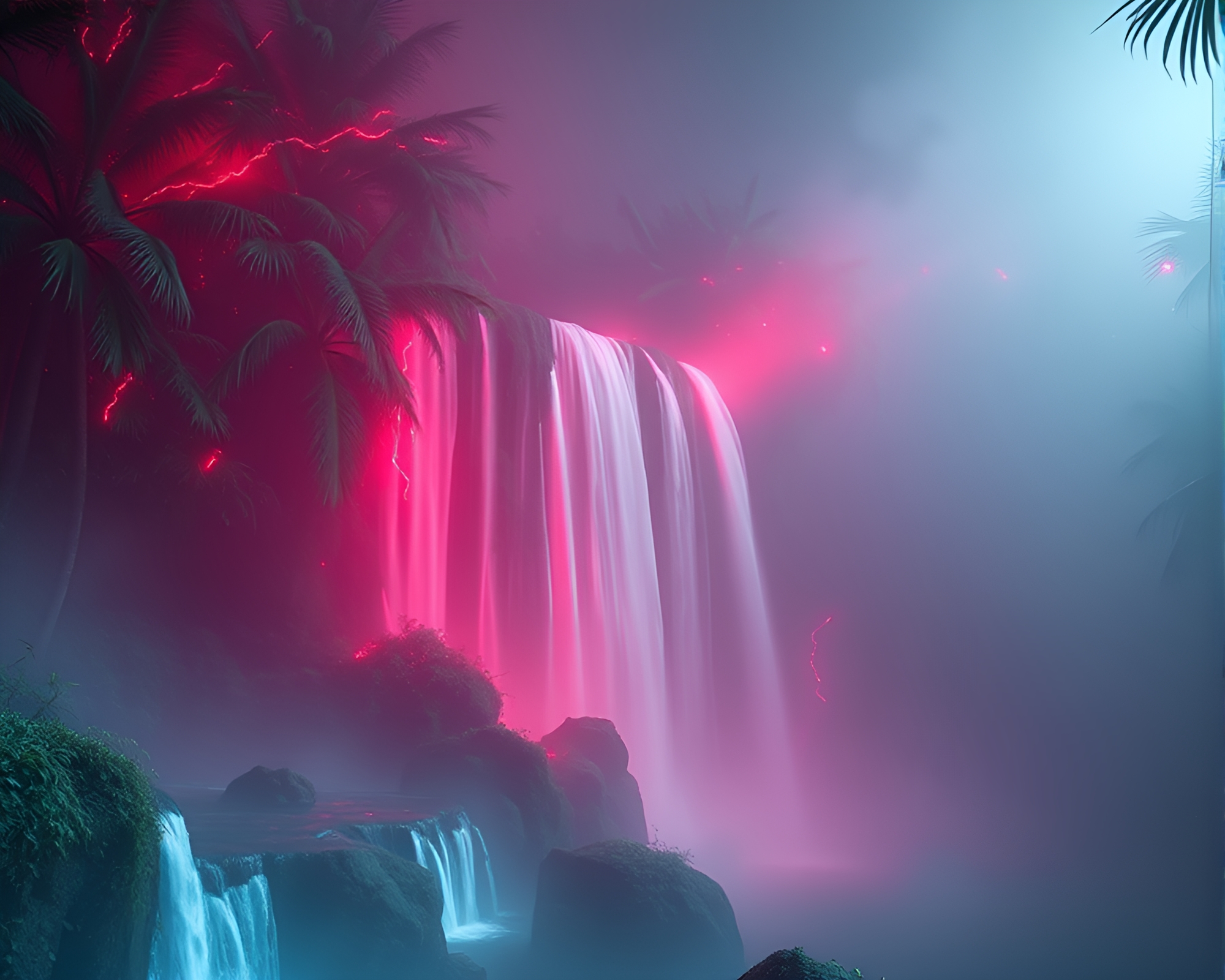 Neon Tropical Waterfall in Smoky Haze – free AI stock image