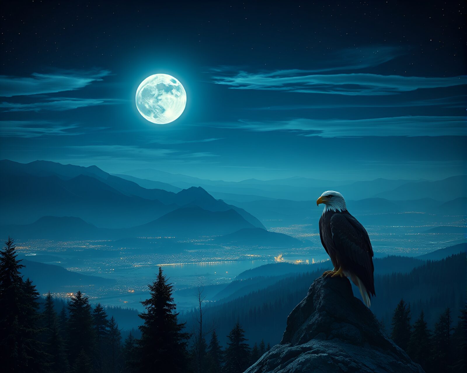 Ethereal op art eagle flying in moonlit panoramic view