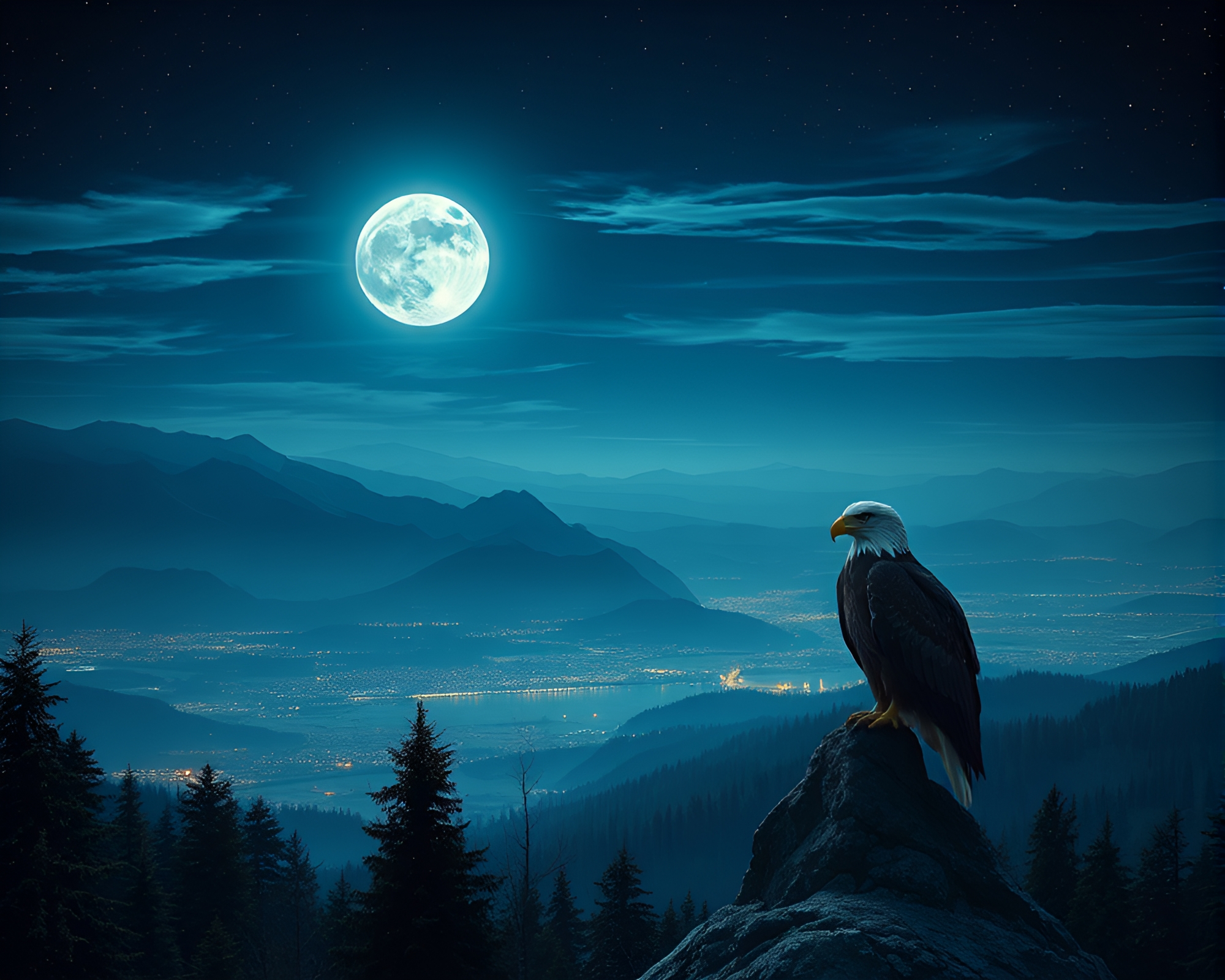 Eagle Soaring in Moonlit Op Art Panorama – free AI stock image