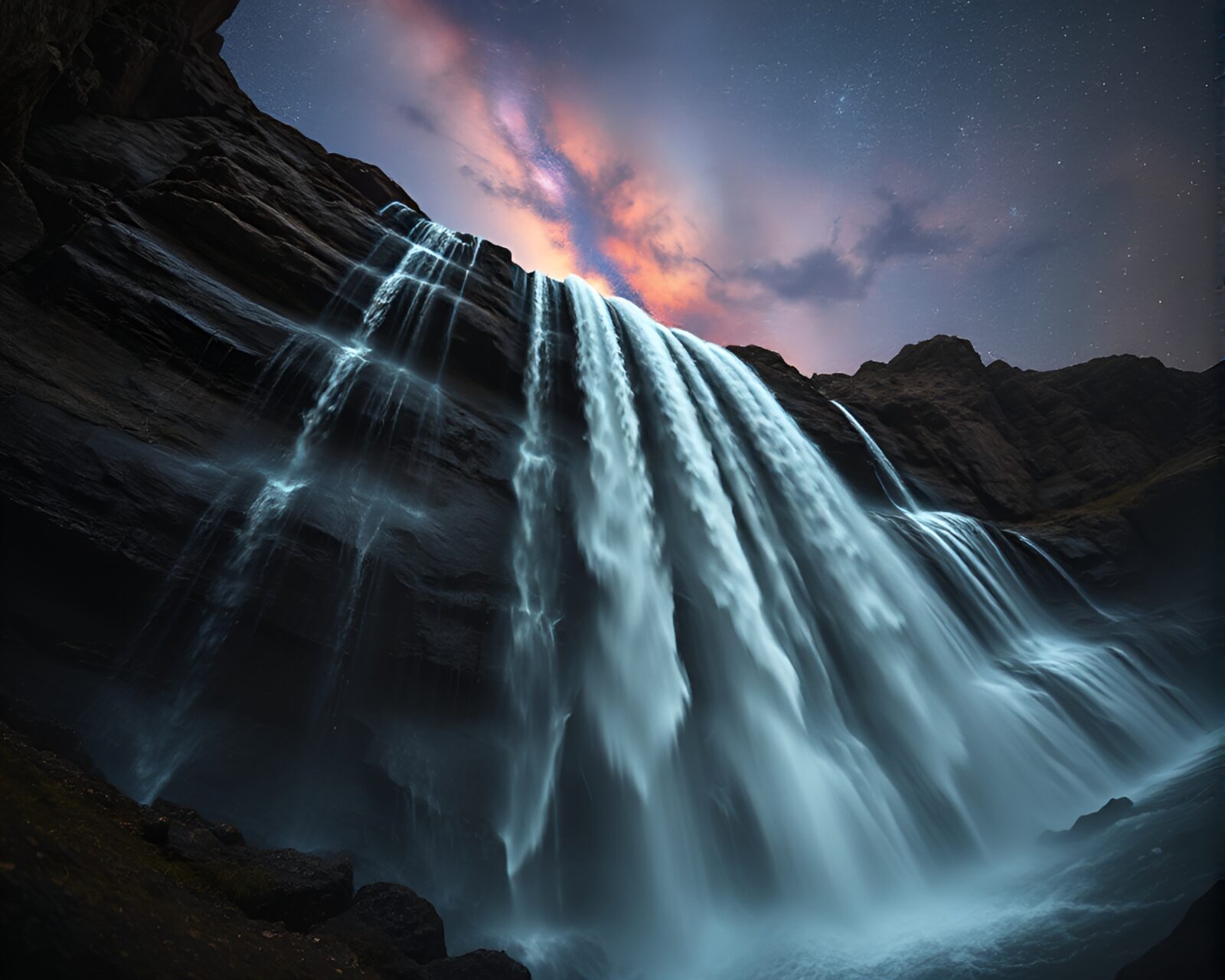 Wide-angle view of a waterfall with cosmic colors