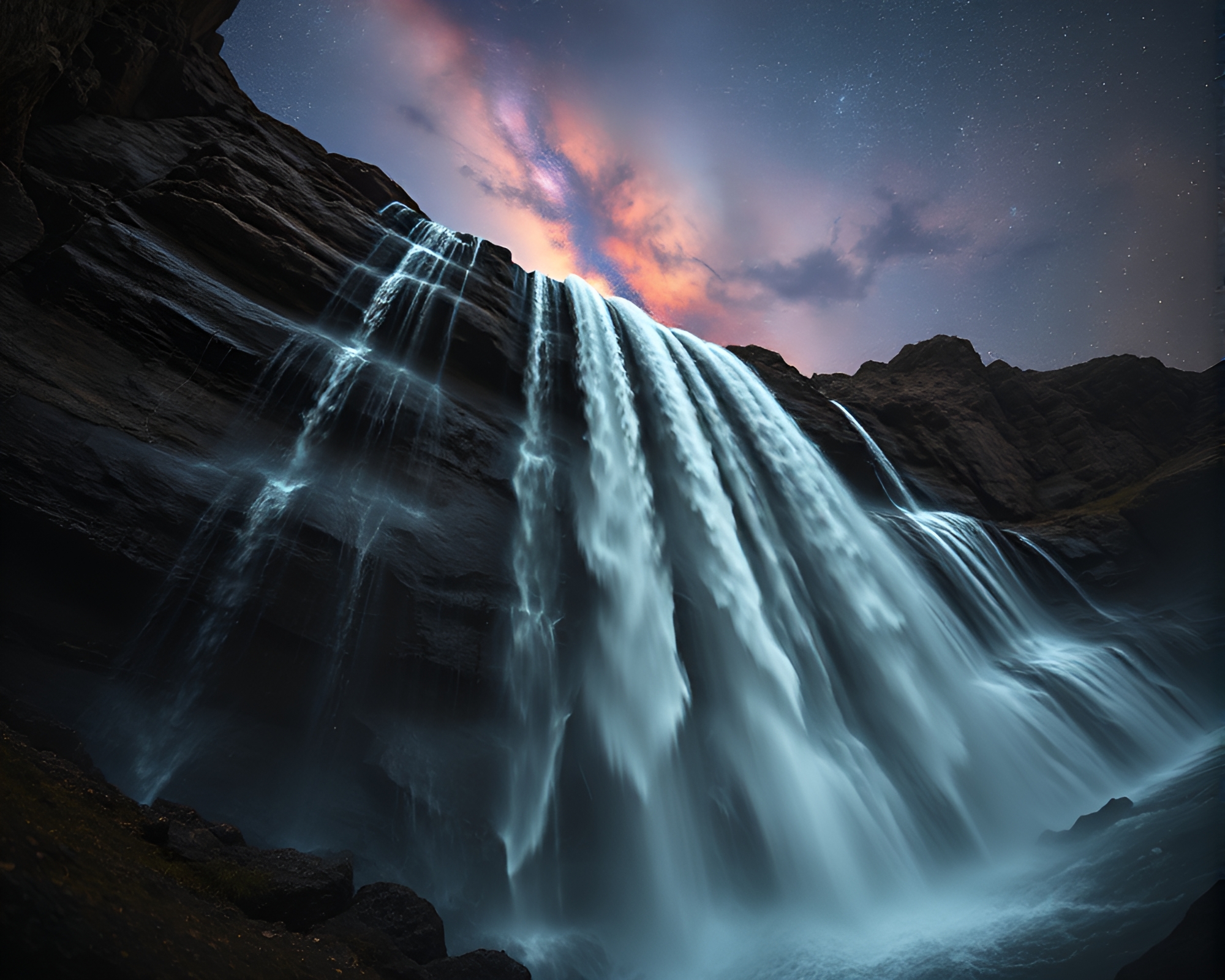 Enigmatic Waterfall in Cosmic Grisaille Hues – free AI stock image