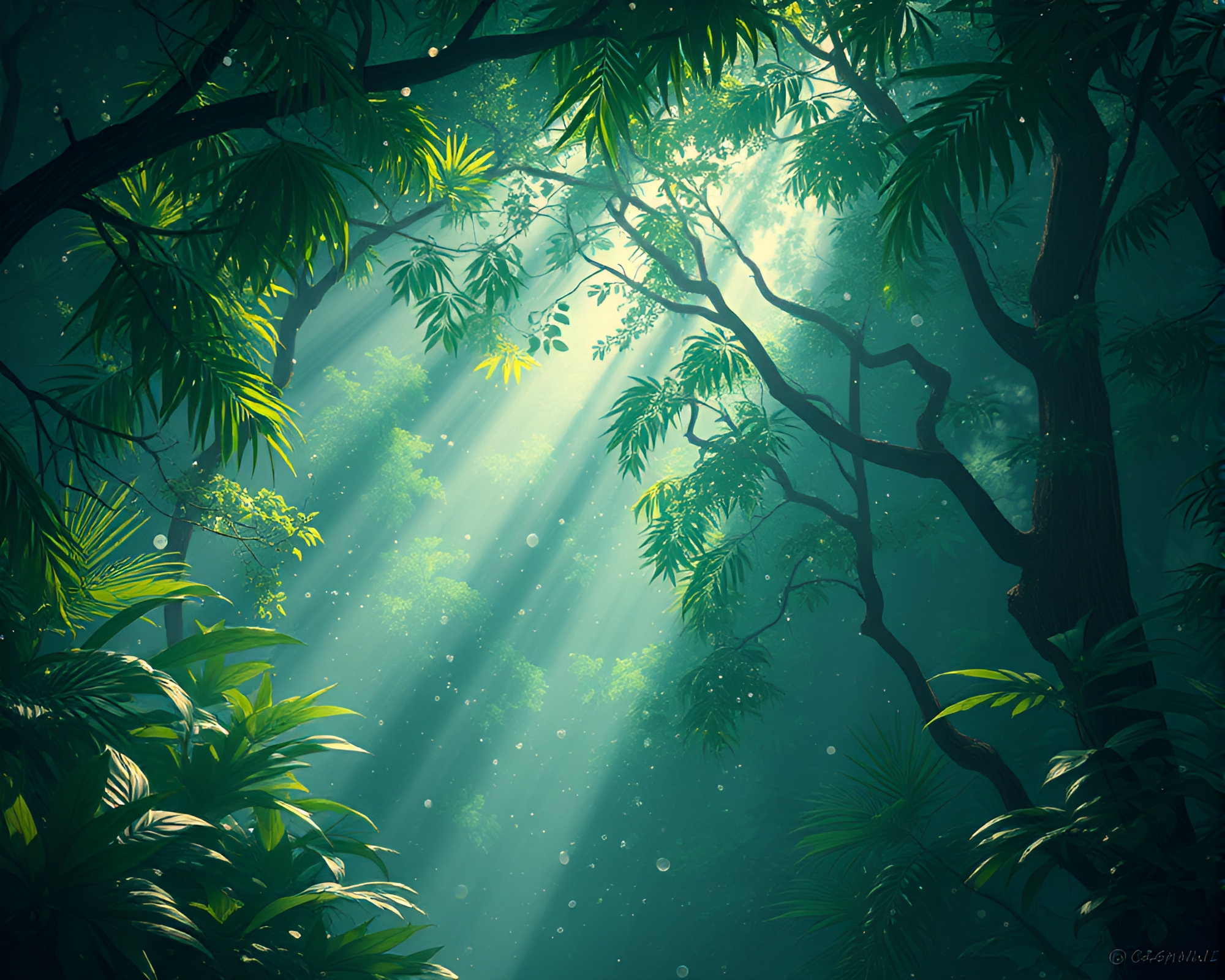 Enchanting Jungle Canopy Shielded by Floating Particles – free AI stock image