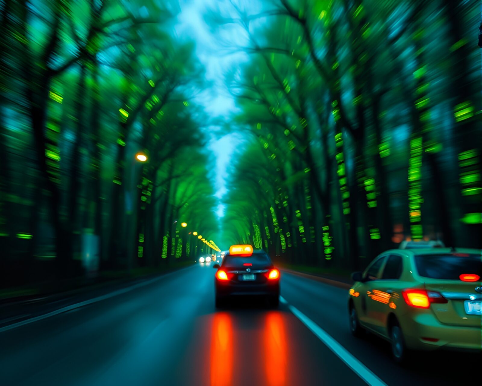 Surreal scene of taxi moving through glowing forest in pointillism style