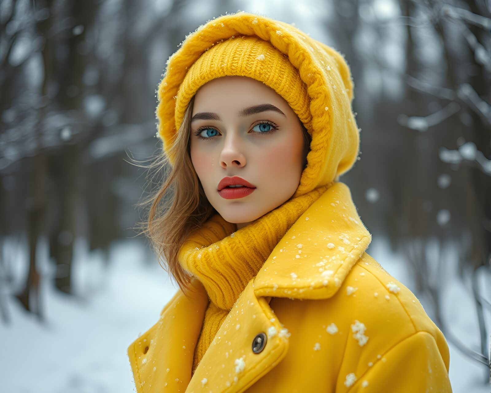Whimsical portrait of a fashion model in lemon yellow winter attire
